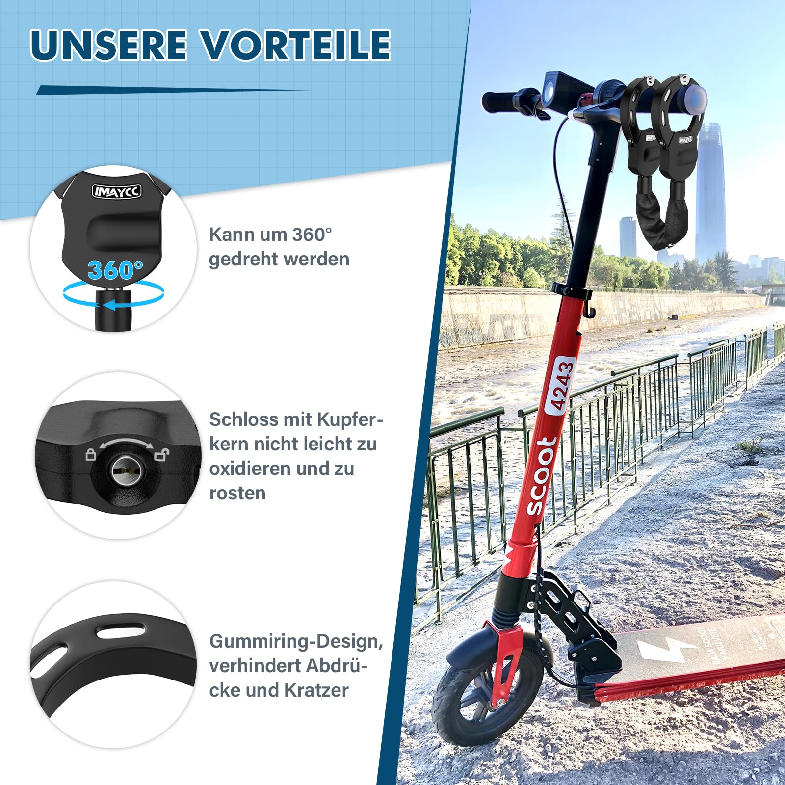 IMAYCC Cerradura para patinete electrónico, cerradura de esposas con llave, cerradura para scooter eléctrico con manga de bloqueo de goma, candado para bicicleta de alta seguridad, ideal para scooters
