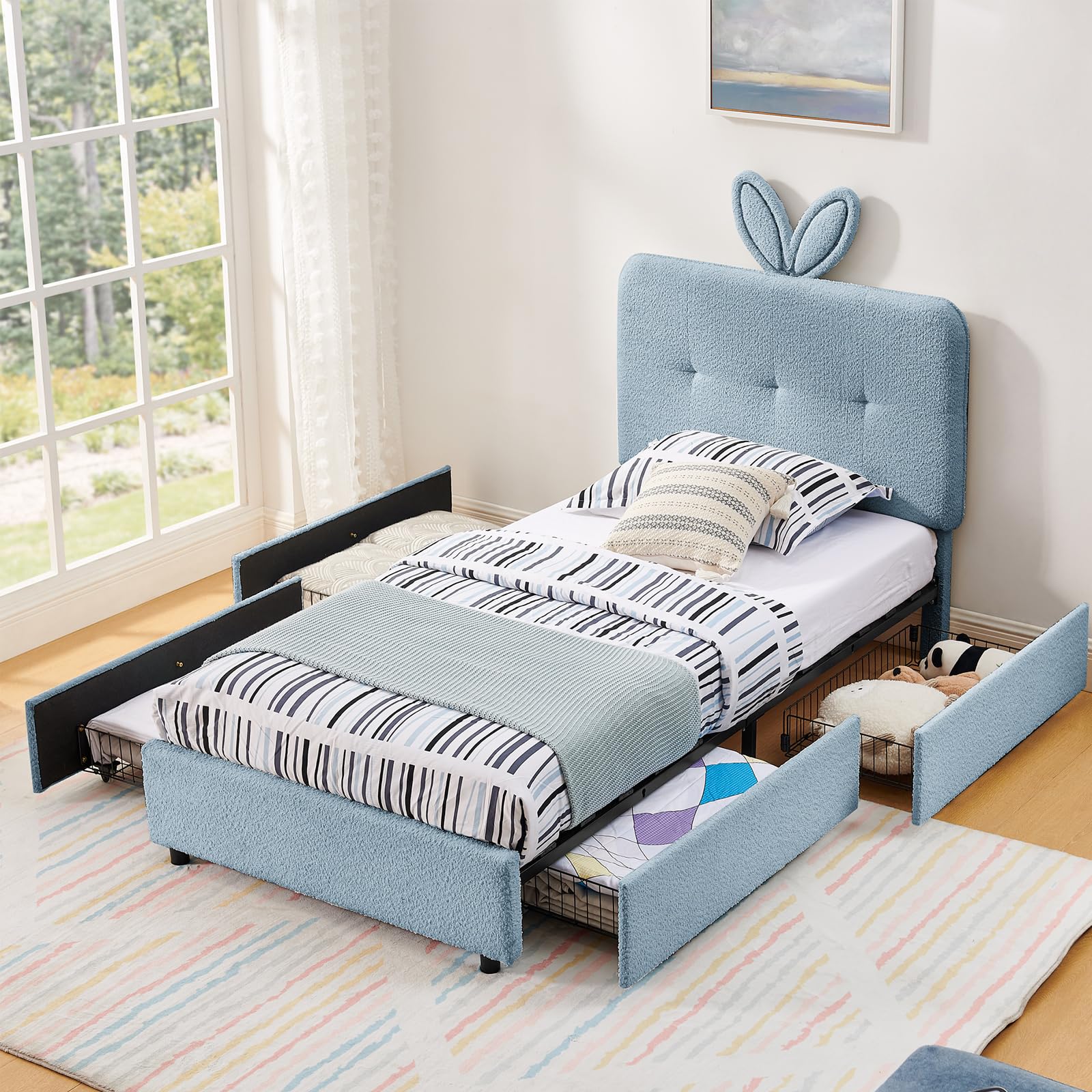 Twin Led Bed Frame with 4 Storage Drawer, Upholstered Platform Floor Bed with Rabbit Ear Headboard Daybed Strong Wooden Slats No Box Spring Needed for Kids Girls Boys, Blue