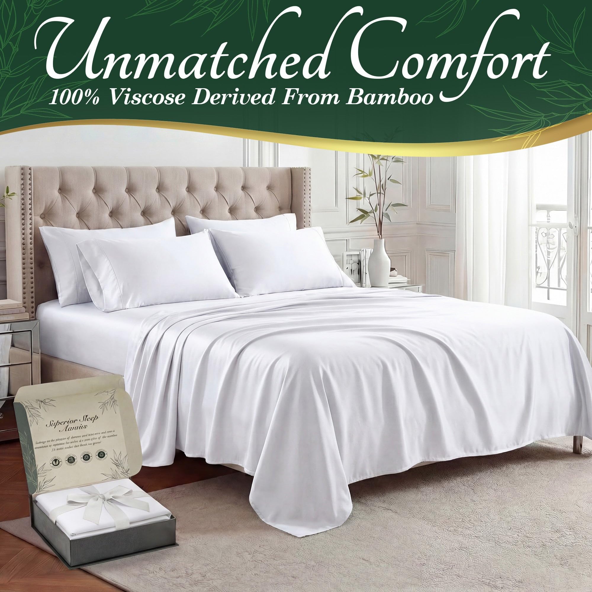 DECOLURE 100% Organic Viscose Derived from Bamboo Sheets Queen Size 6pcs - Ultra Soft & Luxuriously Cooling, 17" Deep Pocket, Double Stitching, Perfect for Hot Sleepers - Queen Bed Sheets (White) — view 2