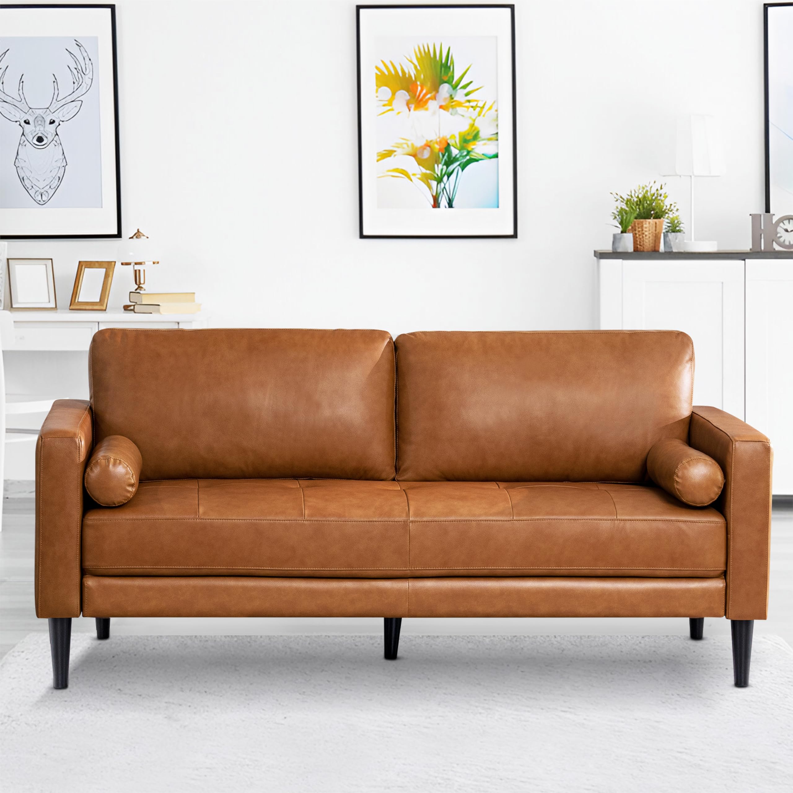 Marisa - Genuine Cowhide Leather Sofa - Mid-Century Modern Apartment 3-Seater Couch - Plush Foam Comfort & Sturdy Wood Frame