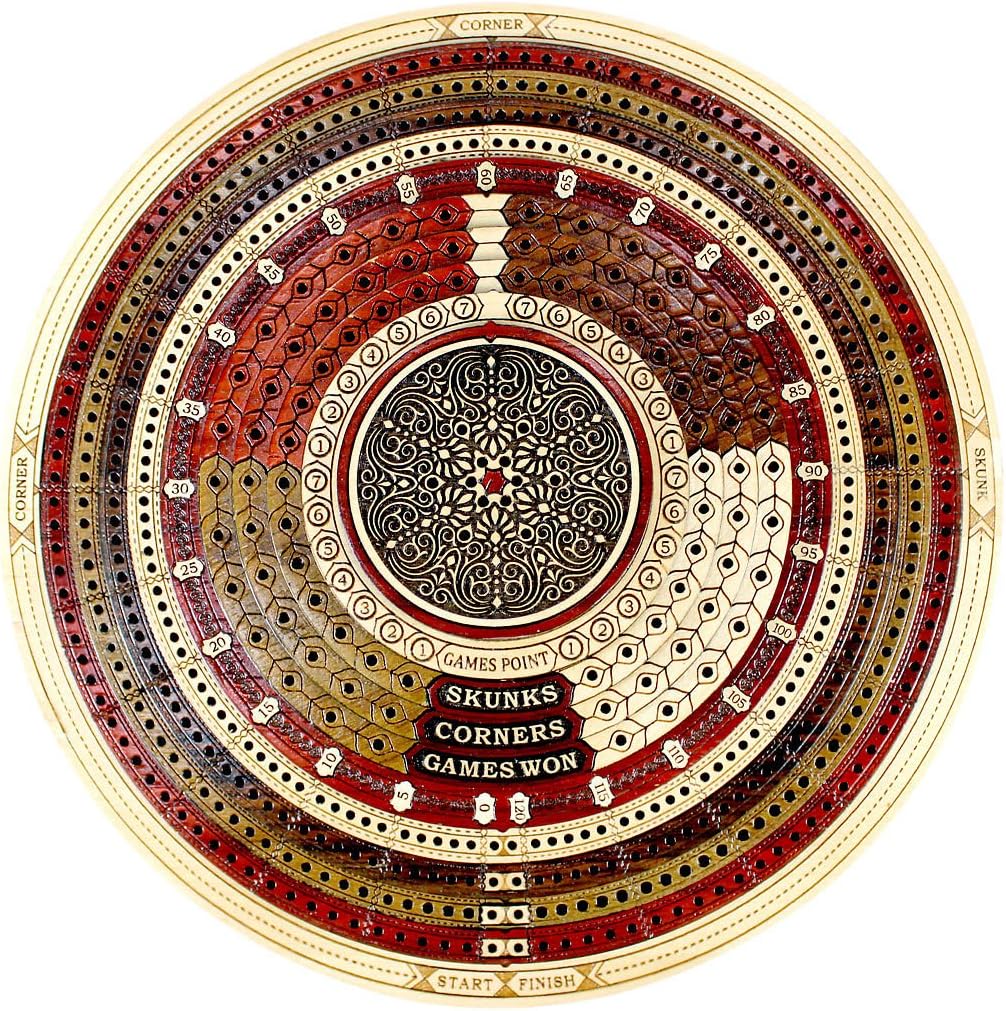 House of Cribbage - 3D Round Shape 4 Stepped Tracks Continuous Cribbage Board in Bloodwood/Maple/Teak/Rosewood with Skunks & Corners + 2 Track Round Pocket Cribbage Board