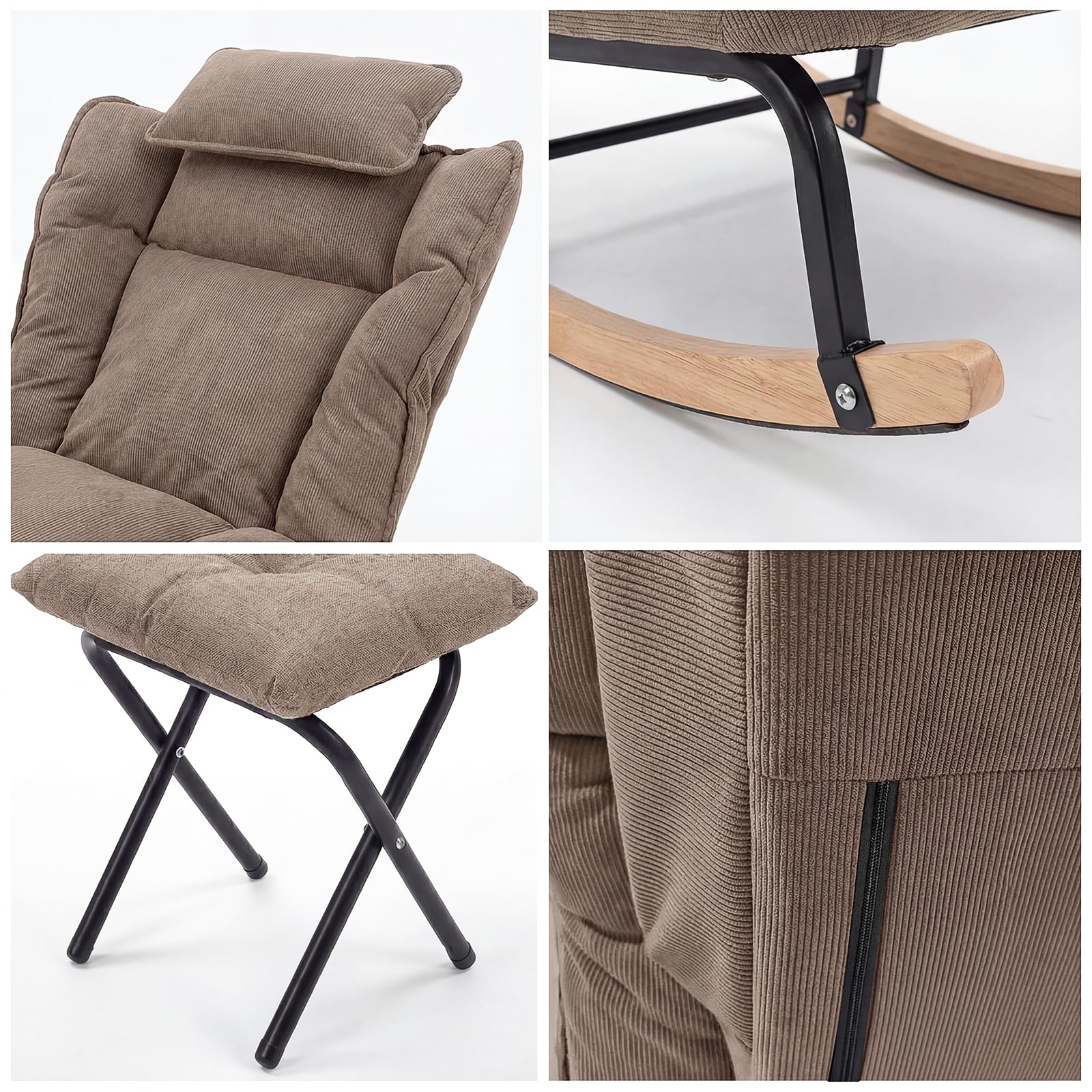 Fabulcozy Fauteuil à Bascule Réglable 3 Positions (90-120°), en Velours Côtelé avec Repose-Pieds Pliable et Coussin, Structure Métal et Pieds Bois d'Hévéa, pour Salon, Chambre,Allaitement,Kaki