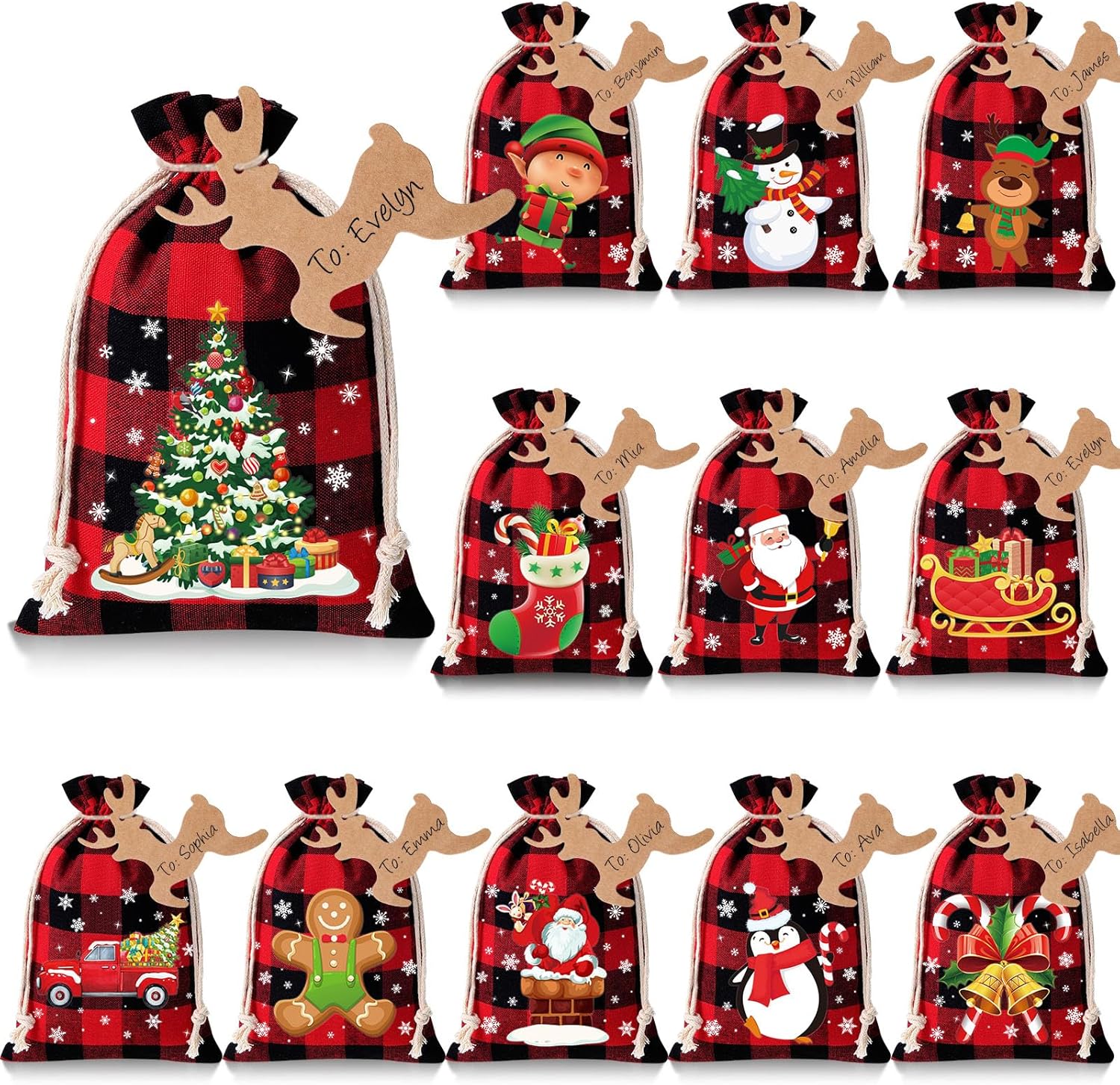 Shappy 48 Pcs Christmas Drawstring Bags Xmas Buffalo Plaid Burlap Candy Bags Linen Treat Sacks Holiday Party Favor Christmas Sack Sachet Bag with Cards and Rope(10 x 8 Inch,Classic Color)