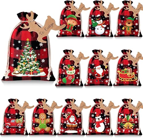 Miniatura 8 de Shappy 24 bolsas de regalo de arpillera de Navidad, bolsas de regalo de Navidad con cordones, pequeñas bolsas de regalo de Navidad para Navidad,