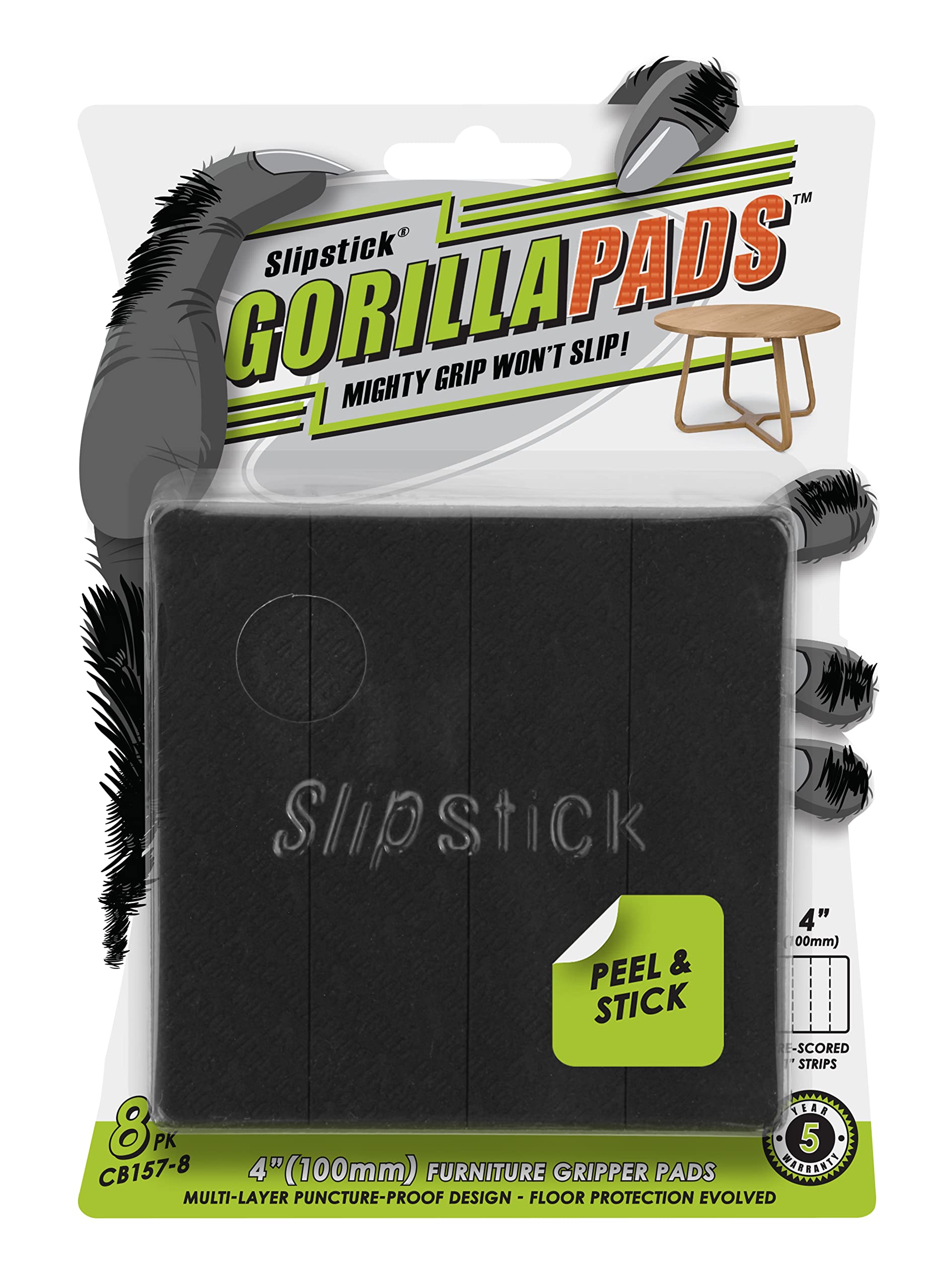 Slipstick GorillaPads Non Slip Furniture Pads/Gripper Feet Floor Protectors (Set of 8) Premium 4 Inch Pre-Scored Self Stick Rubber Stoppers for Furniture Legs