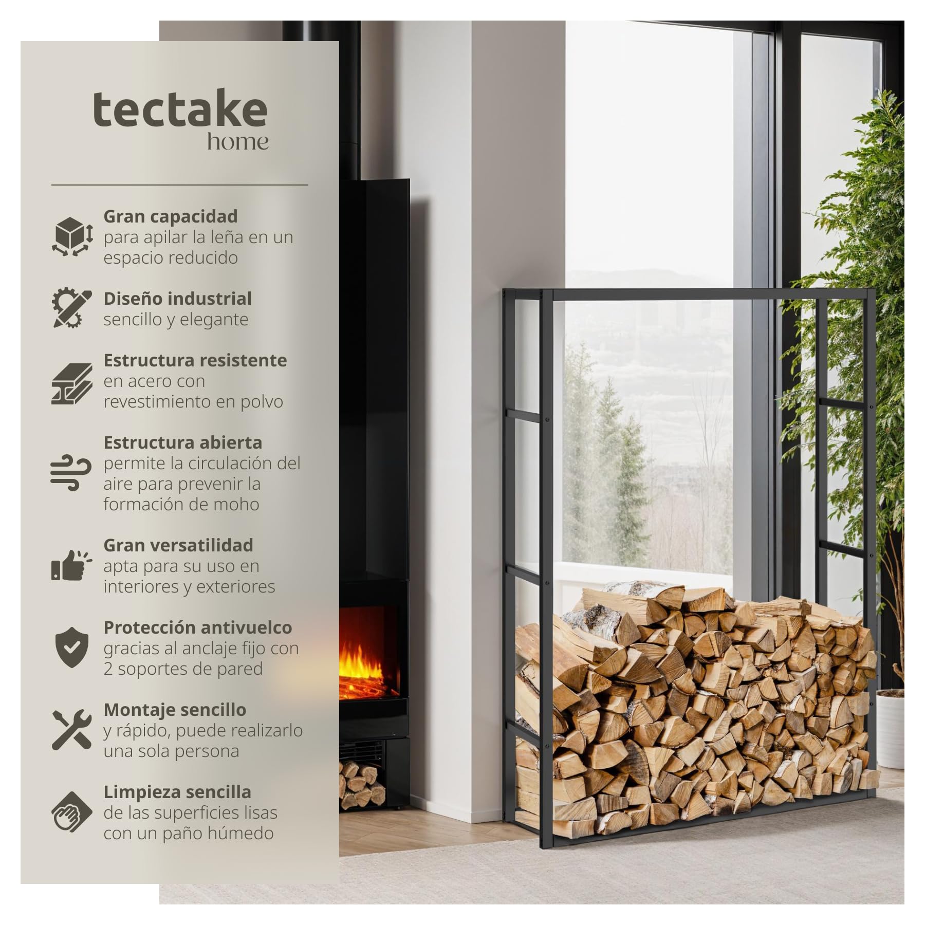 tectake® Leñero Interior y Exterior, Diseño Industrial, Estructura de Acero, Gran Espacio de Almacenamiento, Leñero Estable Protección Antivuelco, para Chimeneas y Estufas de Leña