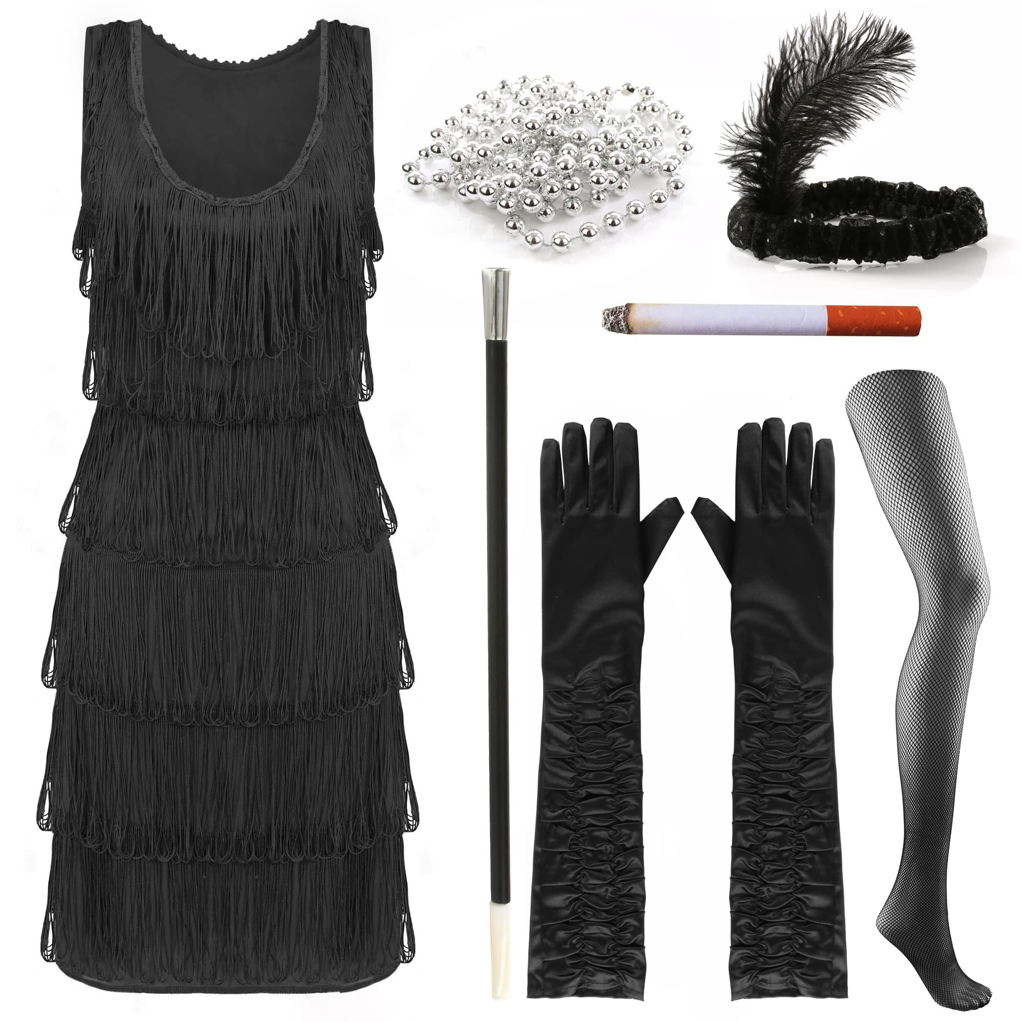 BLACK FLAPPER DRESS WITH FRINGED FRONT & BACK - INCLUDES MATCHING HEADBAND, FAKE CIGARETTE, PEARL NECKLACE & MATCHING GLOVES PERFECT FOR FANCY DRESS PARTIES (X-LARGE)