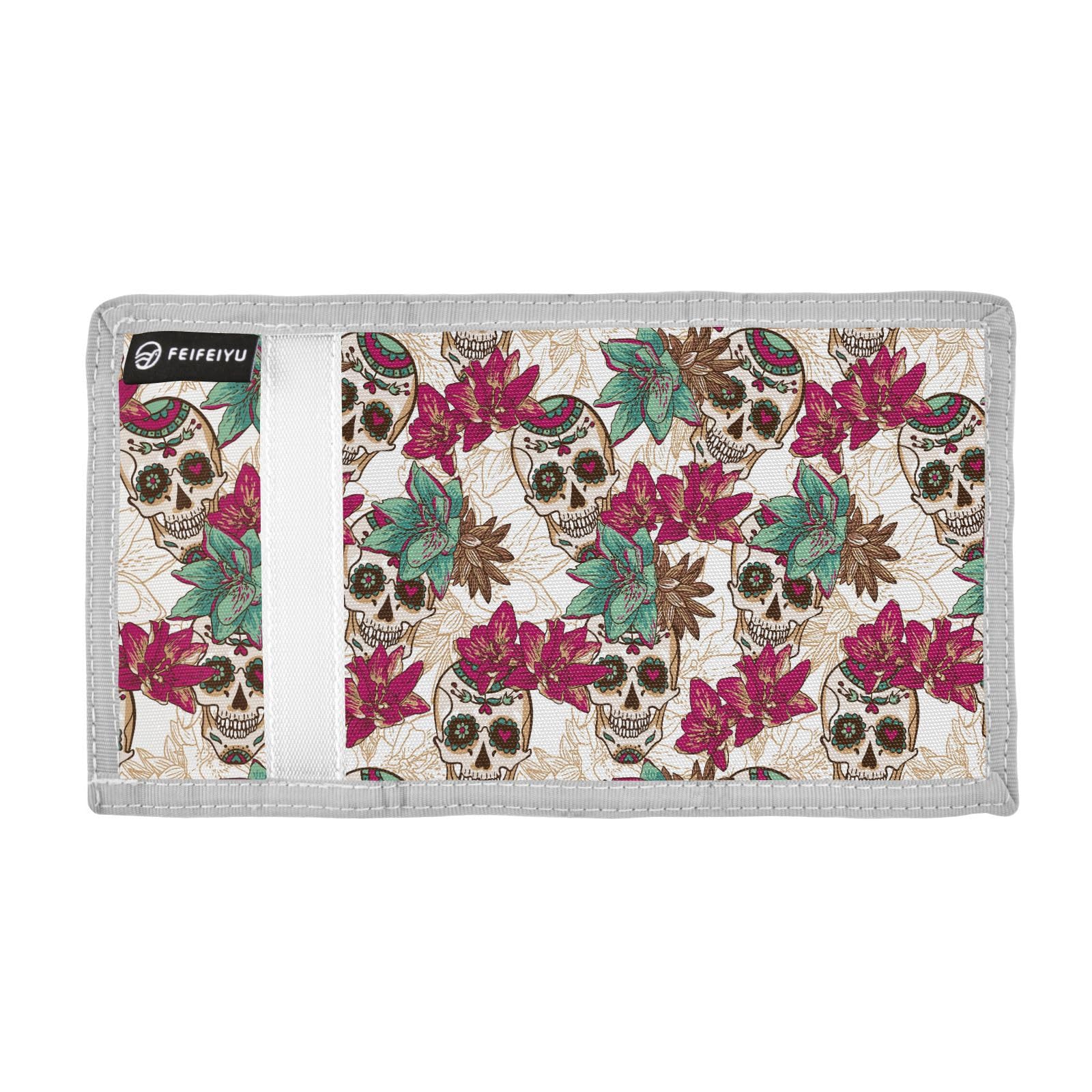 JHKKU Skull Flowers Kids Wallet for Boys Girls, Teen Canvas Trifold Purse with Zipper Coin Pocket