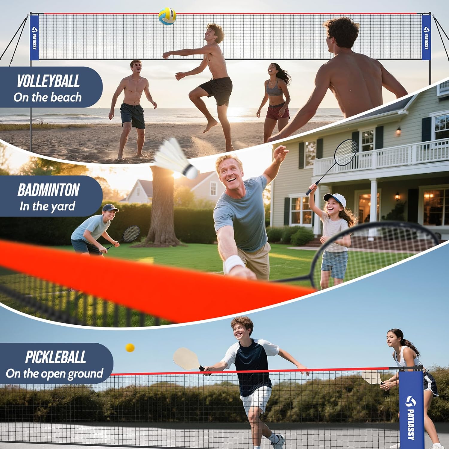 Volleyball Badminton Pickleball 3-in-1 Combo Net Set for Backyards, 5.1-7.4ft Adjustable Height Freestanding Indoor Sports Nets, Portable 17ft Outdoor Net with Carry Bag, Rackets and Balls