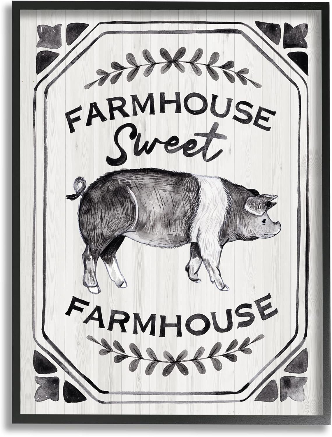 Stupell Industries Sweet Farmhouse Sign Vintage Farm Pig Illustration Black Framed Wall Art, 11 x 14, Grey