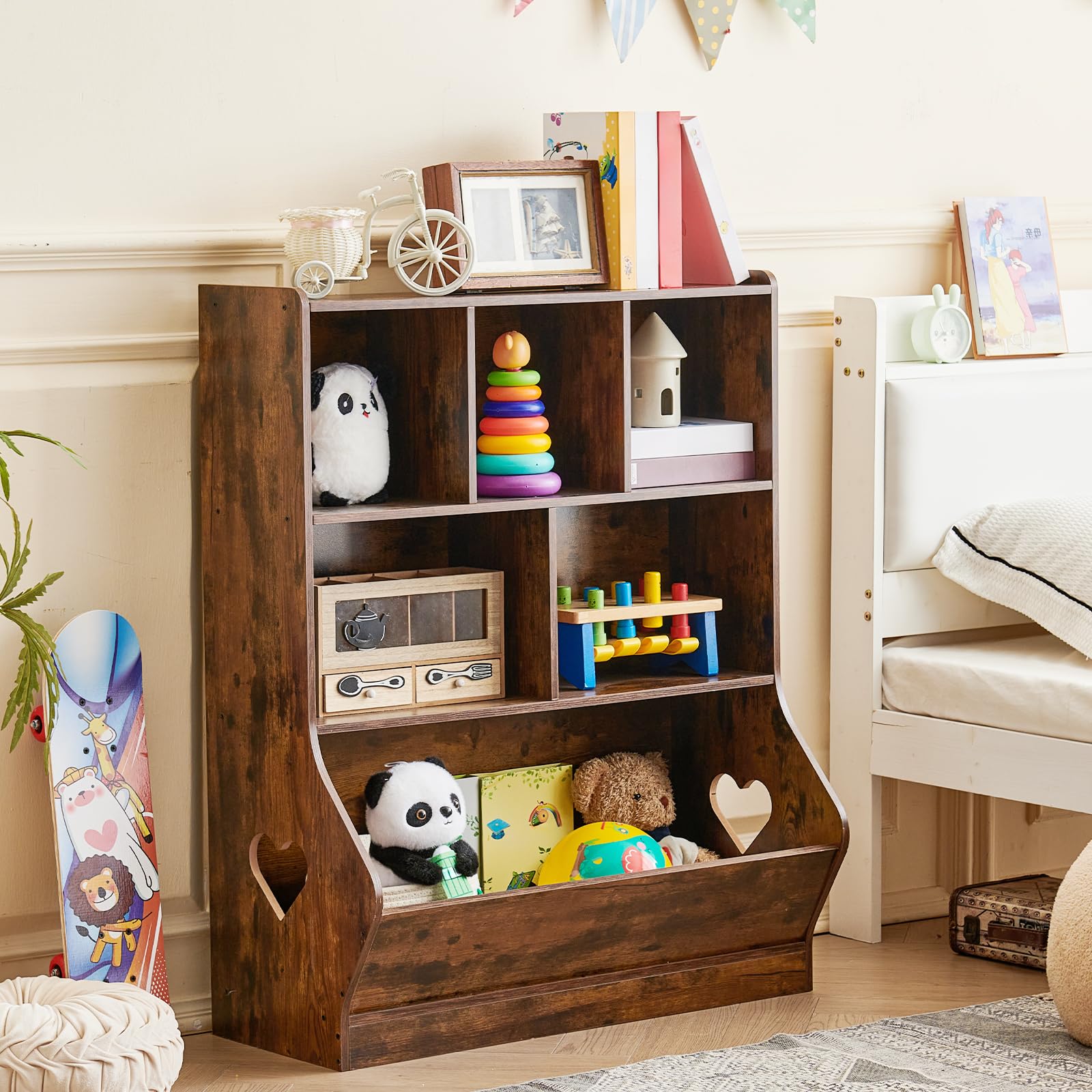 LELELINKY Bücherregal Kinder, Kinder Bücherregal mit 6 Ablagefächer, Großes Kinderregal, Spielzeugregal & Spielzeug-Organizer für Kinderzimmer & Wohnzimmer, Braun, 80 x 24 x 100 cm