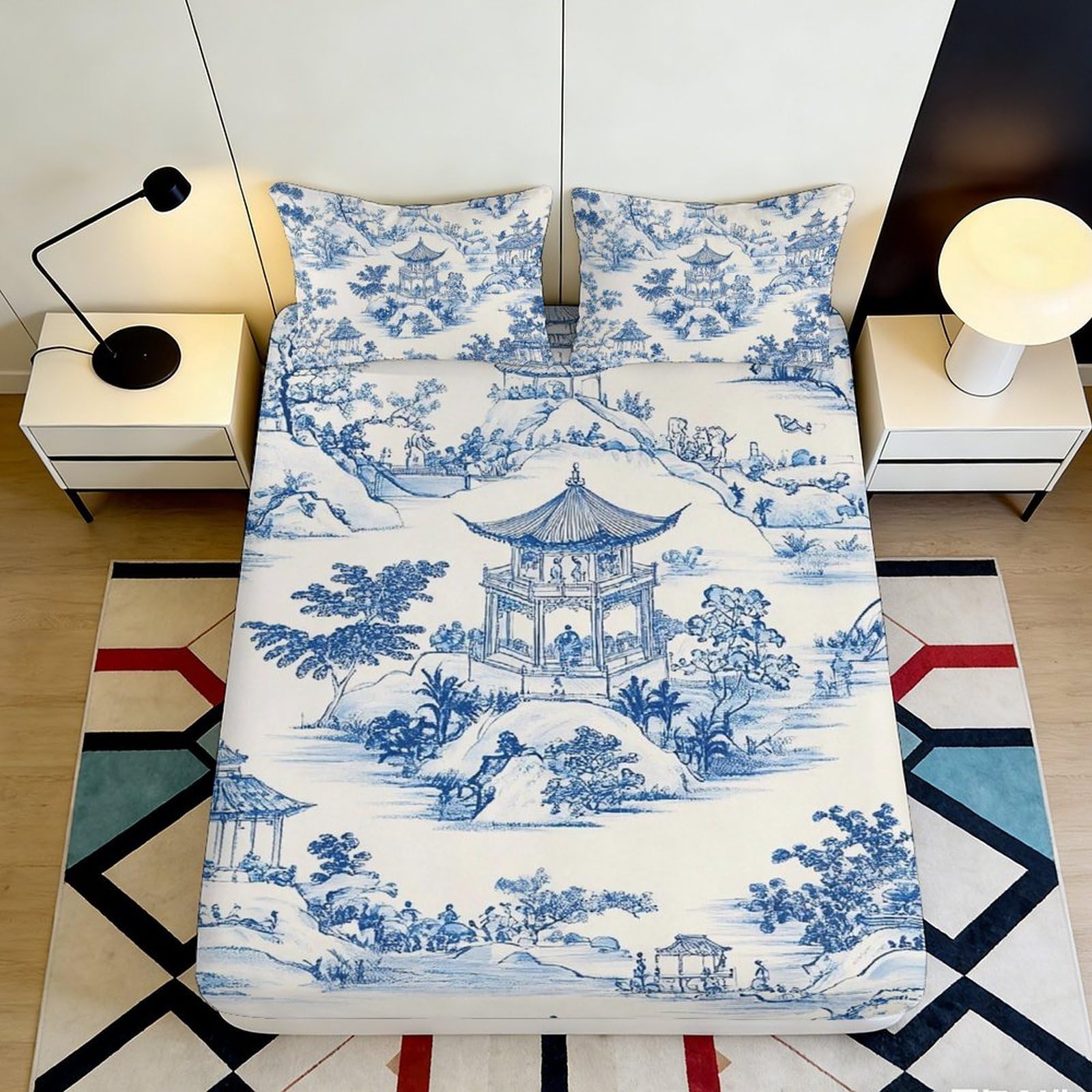 Pnayamiorkfel Style-9 3D Printed Blue Oriental Landscape Fitted Sheet Microfiber Soft Breathable Pagoda Bed Cover For Bedroom Guest Room Decor 90X200x25cm