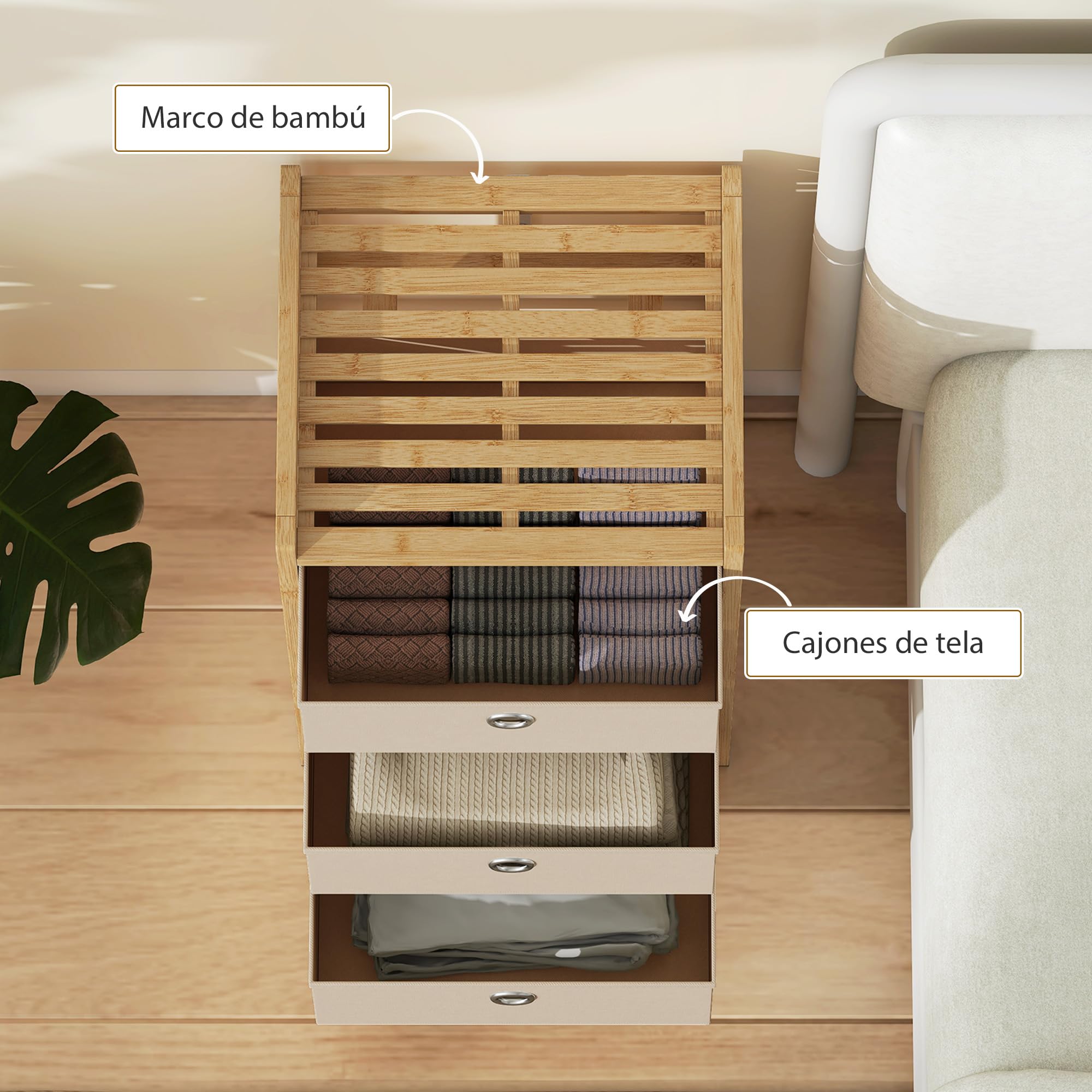 HOMCOM Cassettiera telaio bambù 3 cassetti tessuto bianco crema | Cassettiera, unità di stoccaggio stretta, per piccoli spazi, camera da letto, soggiorno, ingresso