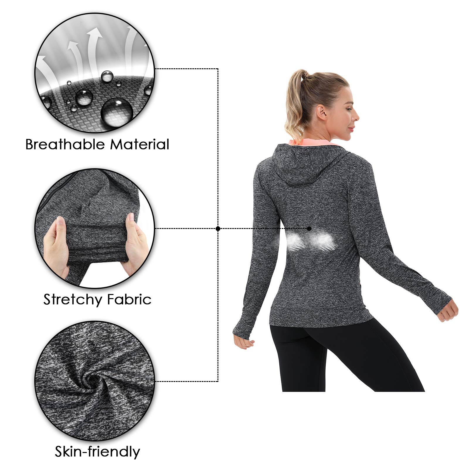 AMZSPORT Chaqueta Deportiva Mujer, Sudadera Capucha Running Cremallera con Bolsillos — view 3