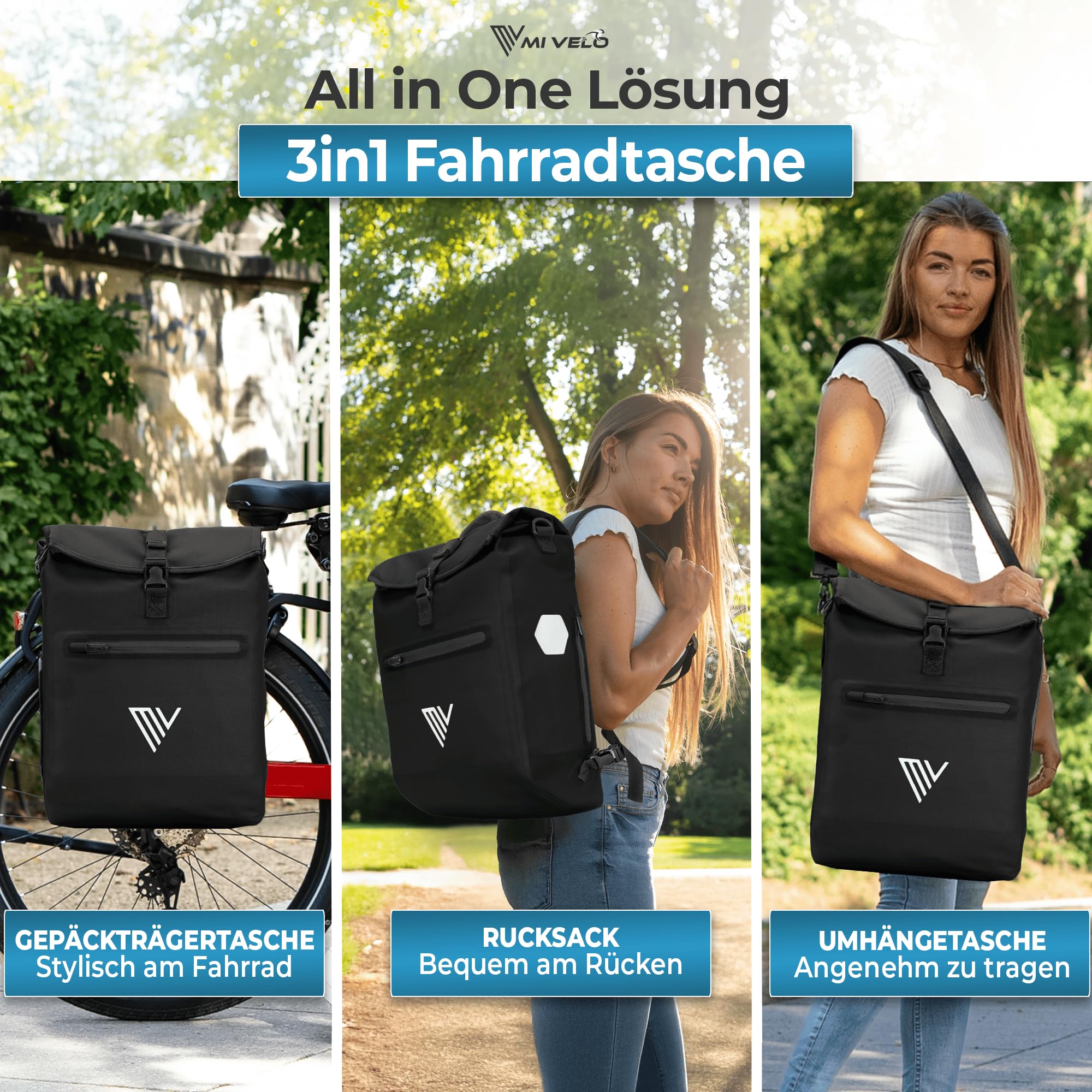 MIVELO 3in1 Fahrradtasche für Gepäckträger - Fahrrad Tasche Rucksack mit gepolstertem Laptopfach - Gepäckträgertasche hinten 100% wasserdicht mit Reflektoren (Schwarz, 20 Liter)