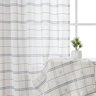 WUBODTI Blue Buffalo Plaid Semi Sheer Curtains 84 Inch Length 2 Panels f...