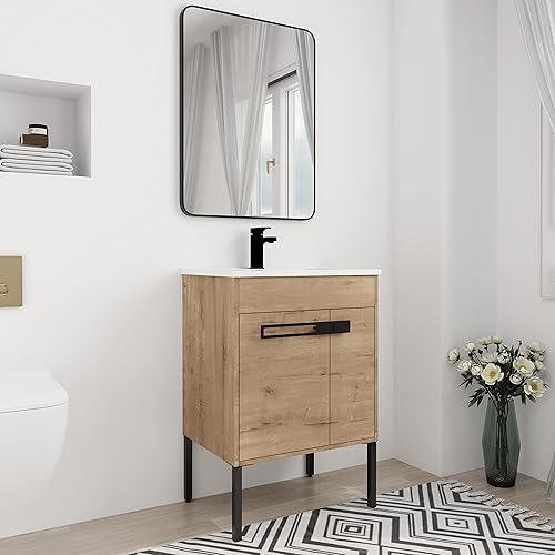 Miniatura 7 de Tocador de baño de 24 pulgadas con estante ajustable, armario de almacenamiento con lavabo de cerámica para espacios pequeños, tocador independiente