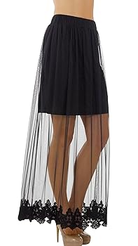 Women Single Layer Mesh Long Skirt with Lace Trim on The