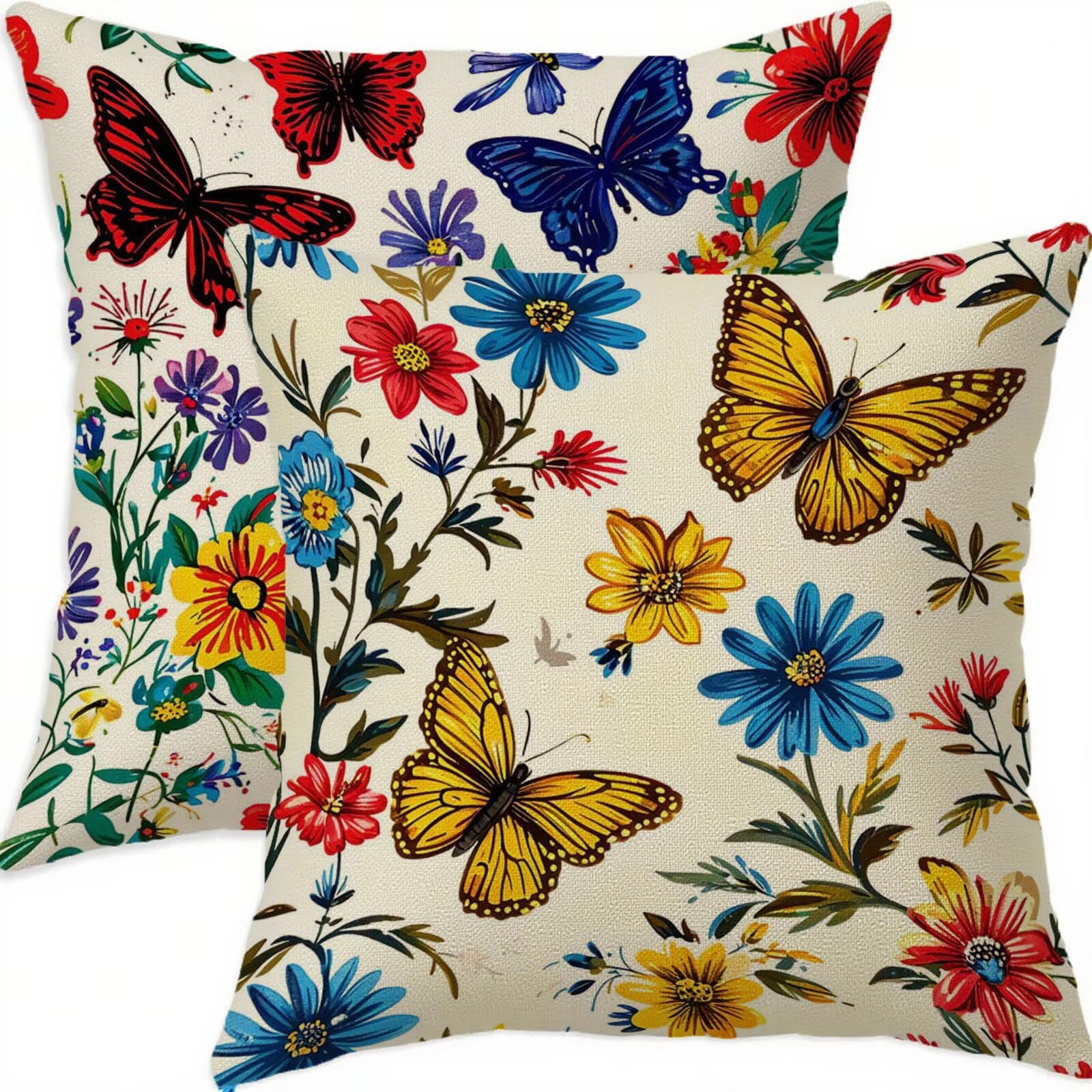 Housse coussin 60x60cm vintage papillon en lin imperméable lot de 2
