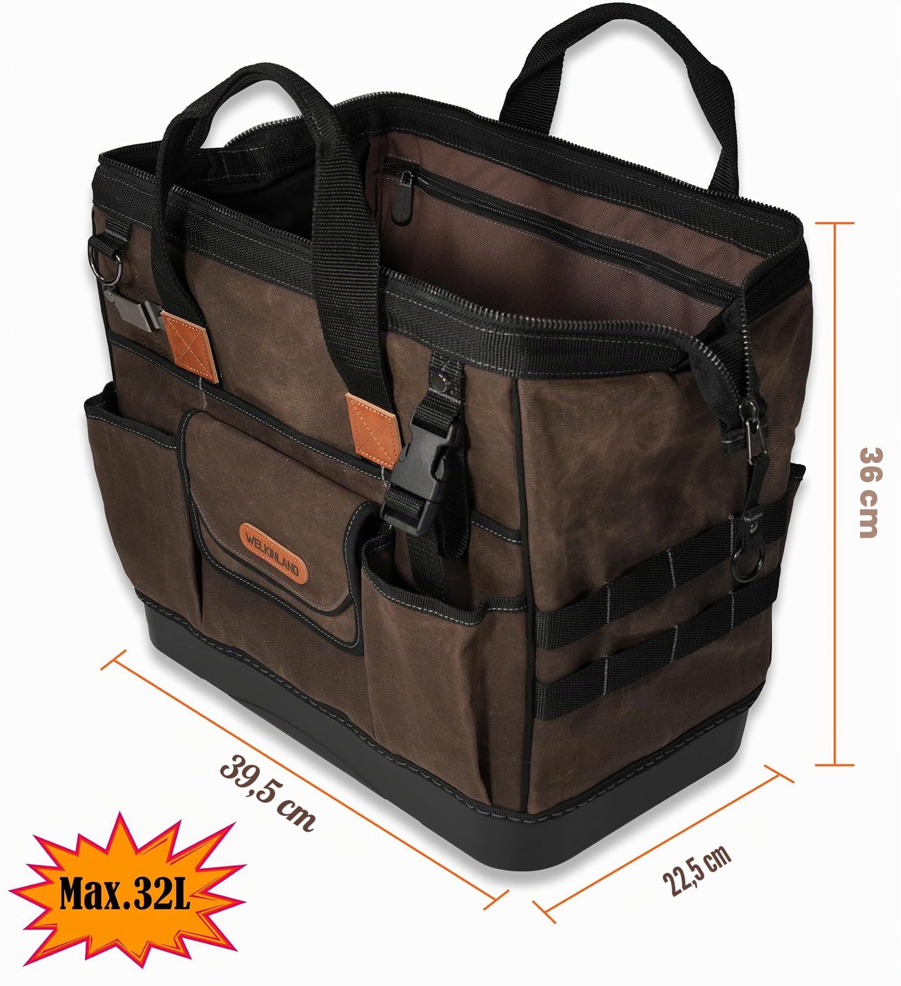 WELKINLAND sac en toile cirée robuste, sac à outils électrique 40,6 cm, fond rigide, ouverture grande, CVC
