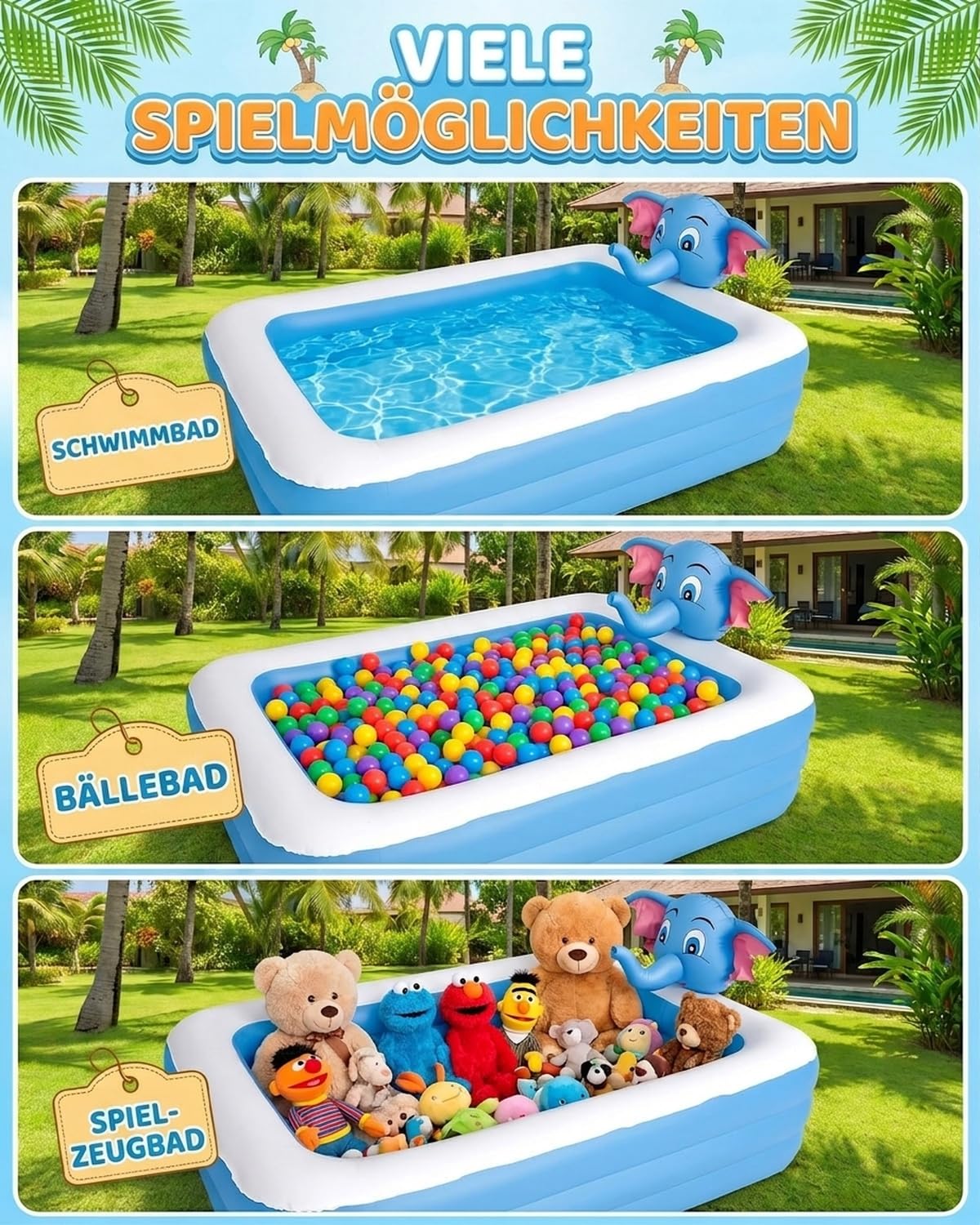 Aufblasbarer Swimmingpool Planschbecken mit Sprinkler 3D-Elefantenkopf 200 x 150 x 50 cm Familienpool
