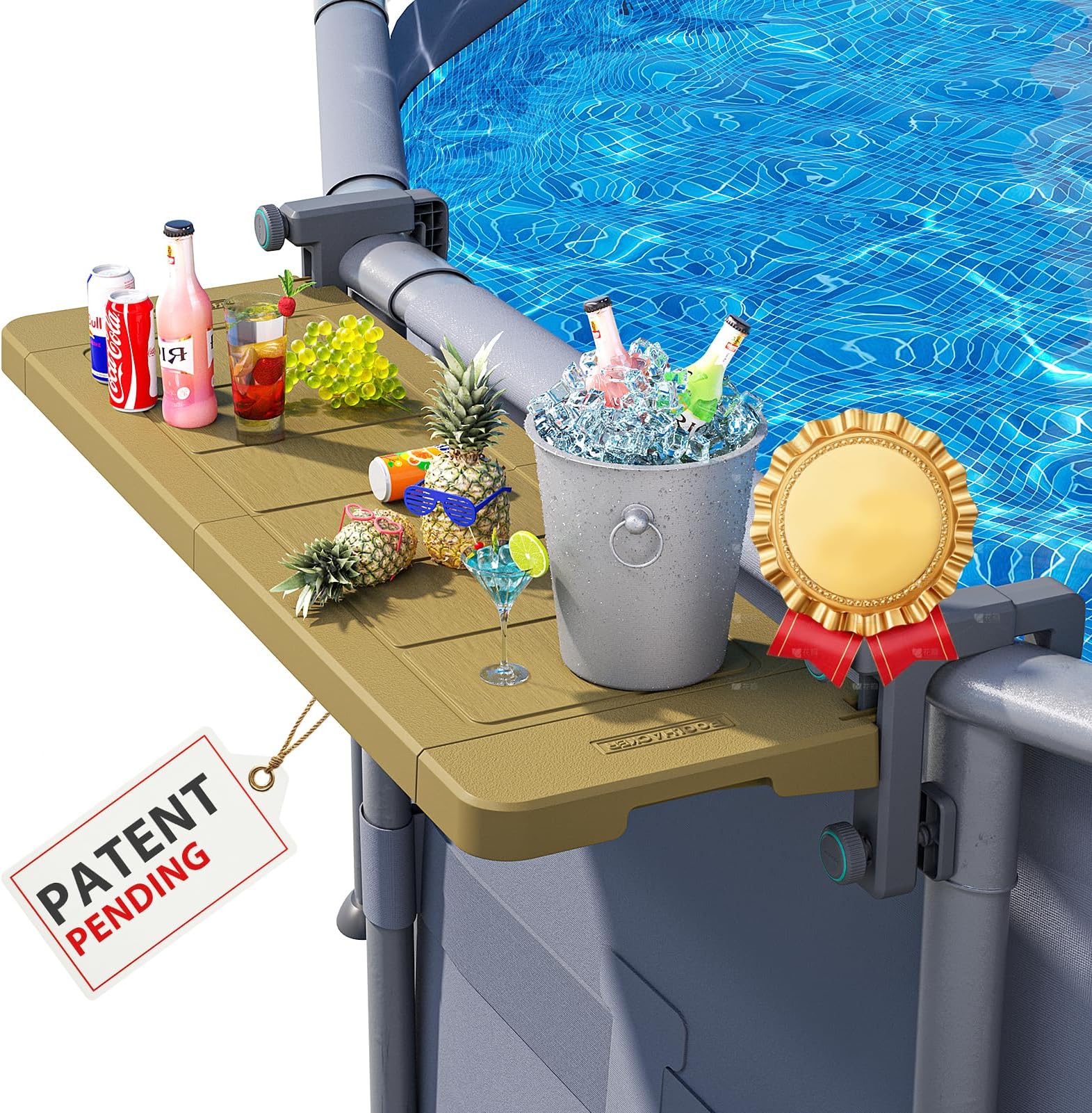 POOLHACKER Poolside Bar, [Original] Swim Up Bar Exclusively for Above-Ground Round Pools. Patio Poolside Table Smart Fold Easy Maintenance, Weather Resistant Stable Tabletop (Amber Brown)