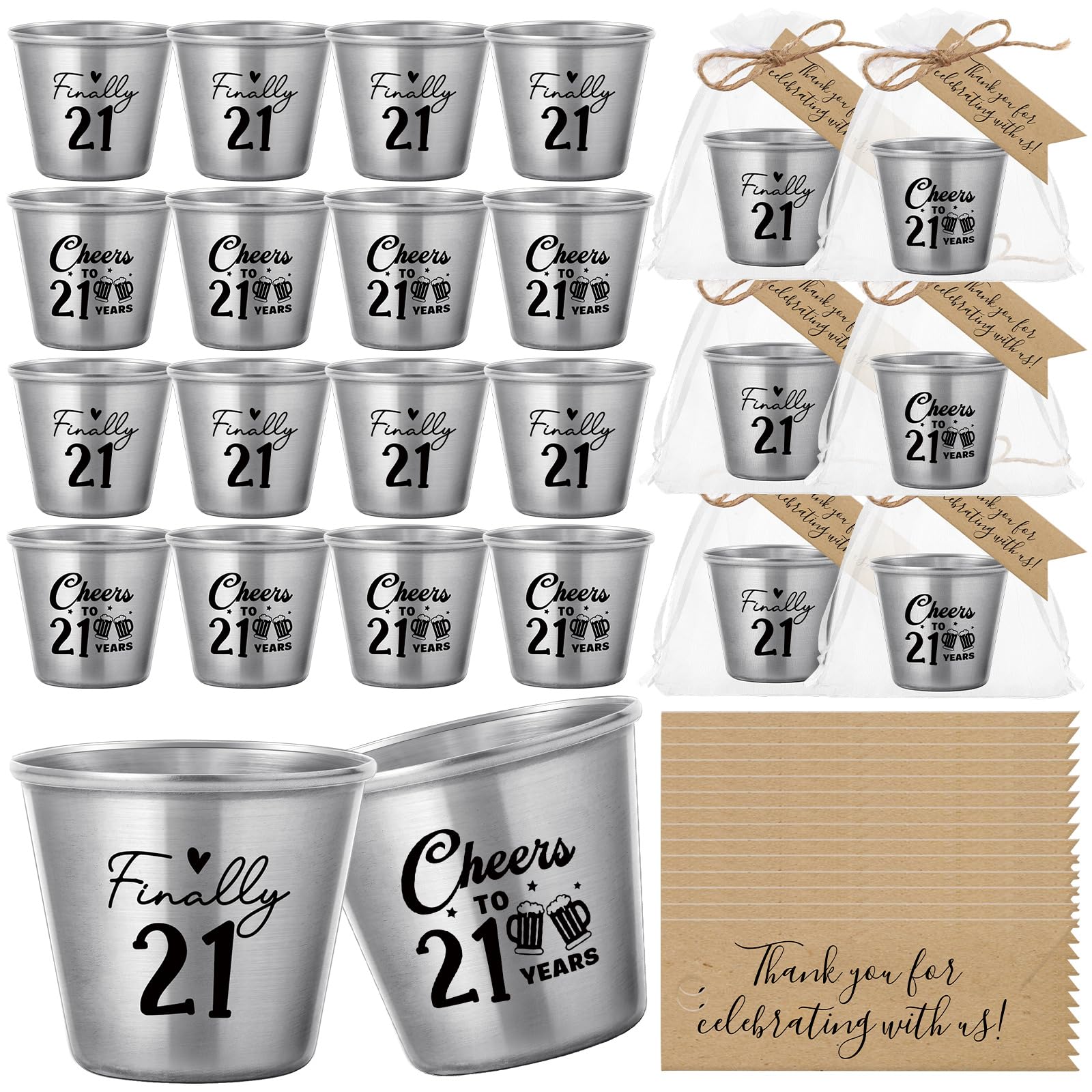 Lot de 24 verres à shot en acier inoxydable pour 21e anniversaire avec étiquettes de remerciement, sacs en organza et ficelle