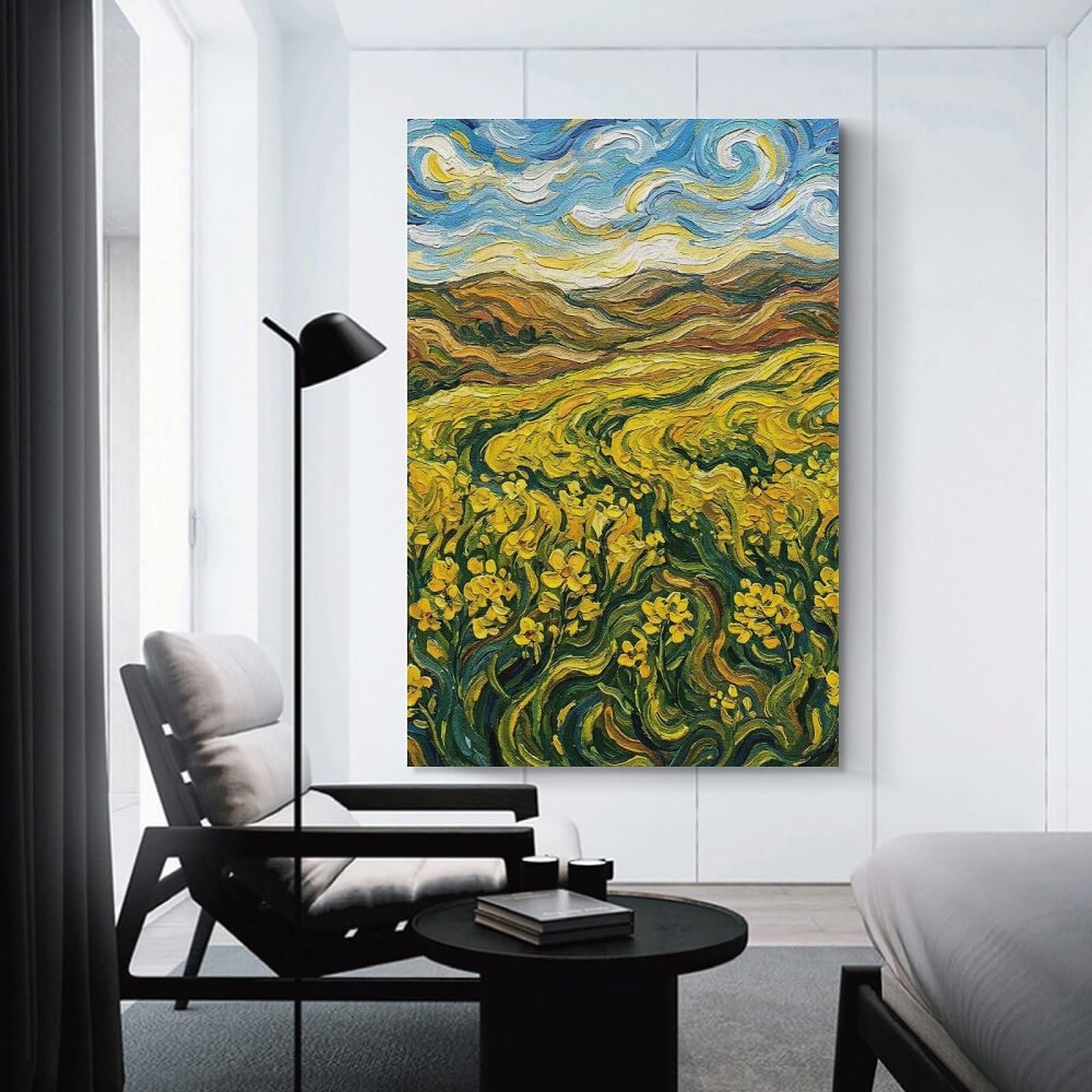Junmoney Yellow Flowers Field Painting Wall Picture Print, 24x36inch(60x90cm), for New Home Styling, Lounge Or Bedroom, Home Artwork for Modern Interiors