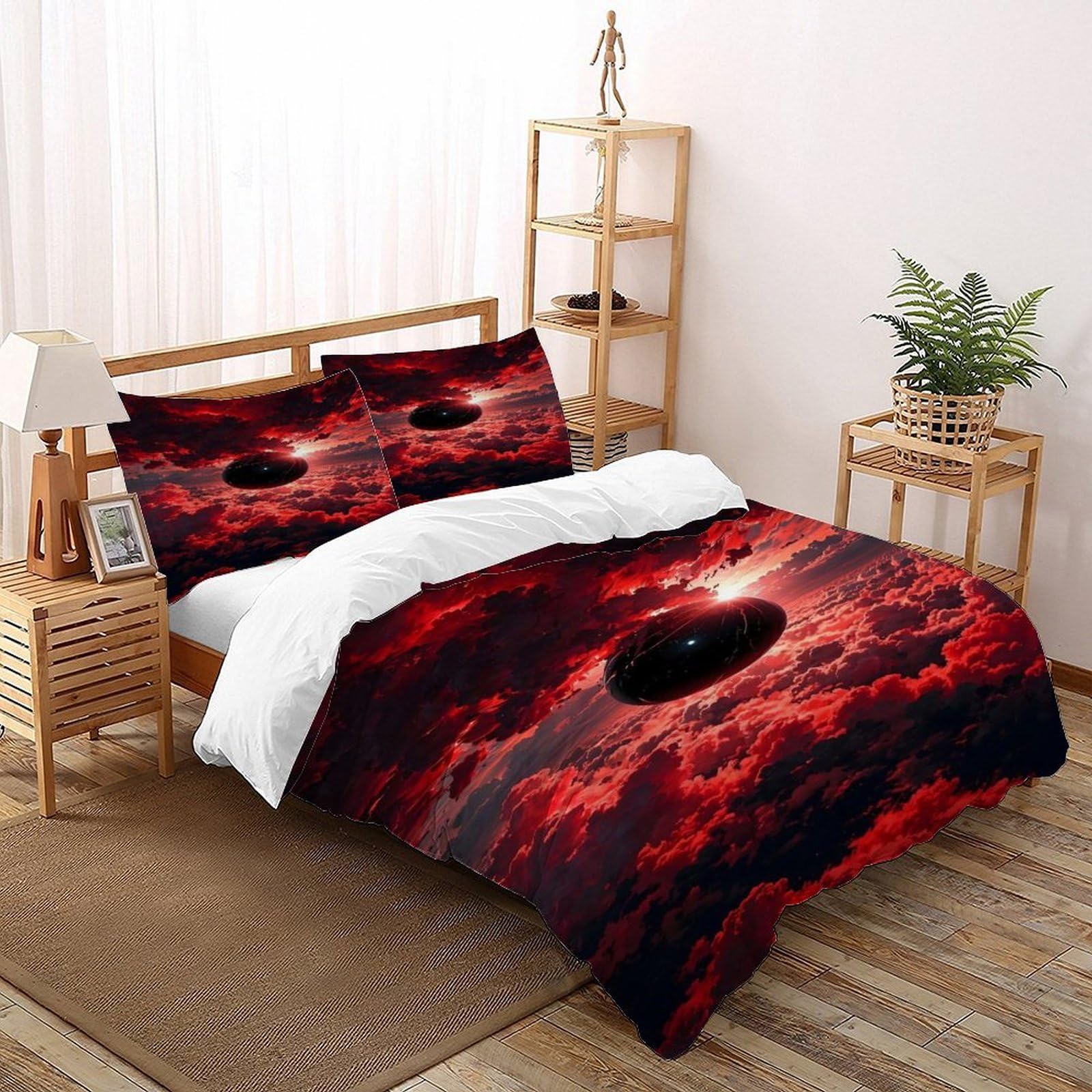 Parure de couette sphère noire rouge Super King 260x220cm avec ses deux taies d'oreiller assorties