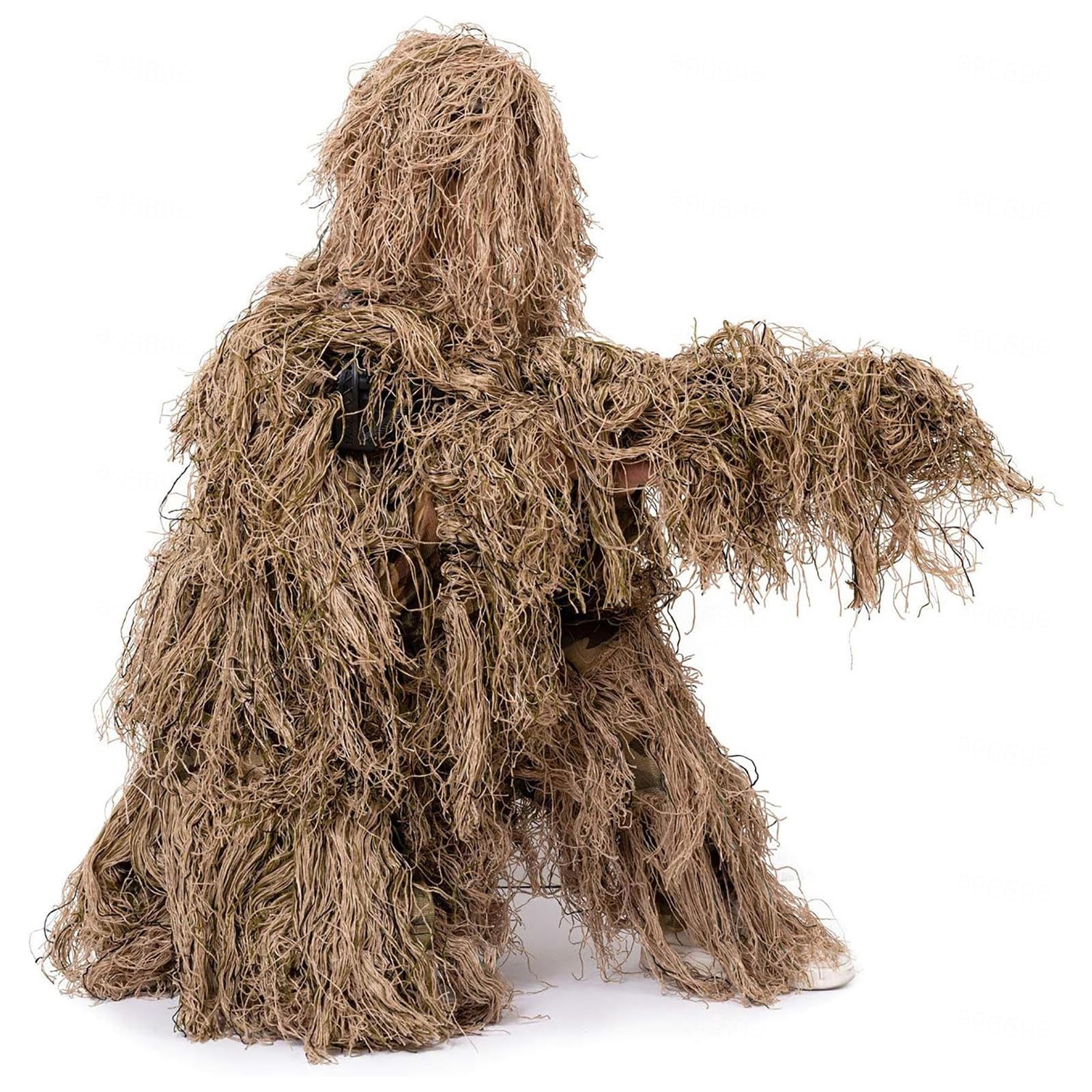 5-Teilige 3D Ghillie Suit Camouflage Jagdbekleidung Tarnanzug Herren Einschließlich Jacke,Hose,Kapuze,Tragetasche Jäger Kostüm für Unisex Erwachsene/Jugendliche,DryGrass-Kids