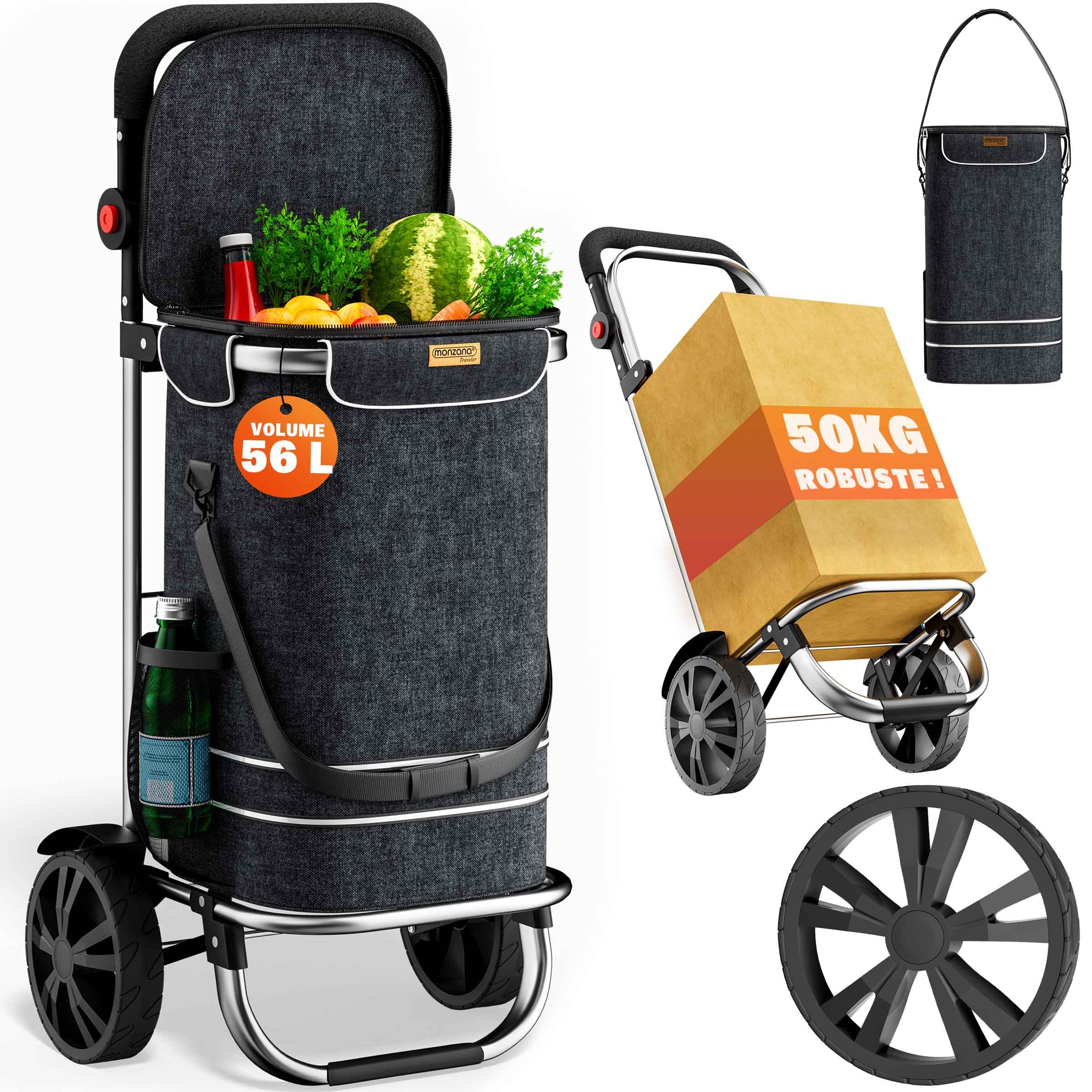 MONZANA® Chariot de Courses 56L - Caddie de Courses 3 en 1, Compartiment Isotherme, Pliable, Poignée Réglable, Chariot à roulettes avec Bandoulière, Tissu Oxford 600D, Poignées Antidérapantes
