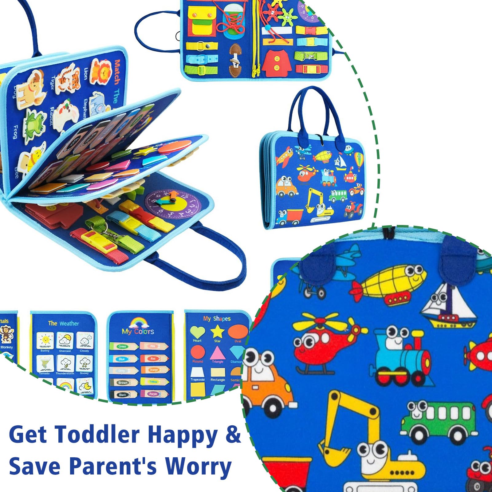 Meriviva Busy Board for Toddlers Baby Activity Book Sensory Board for Fine Motor Skills Toddler Travel Montessori Toys Busy Book for 1 2 3 Year Old (Blue) - Image 3