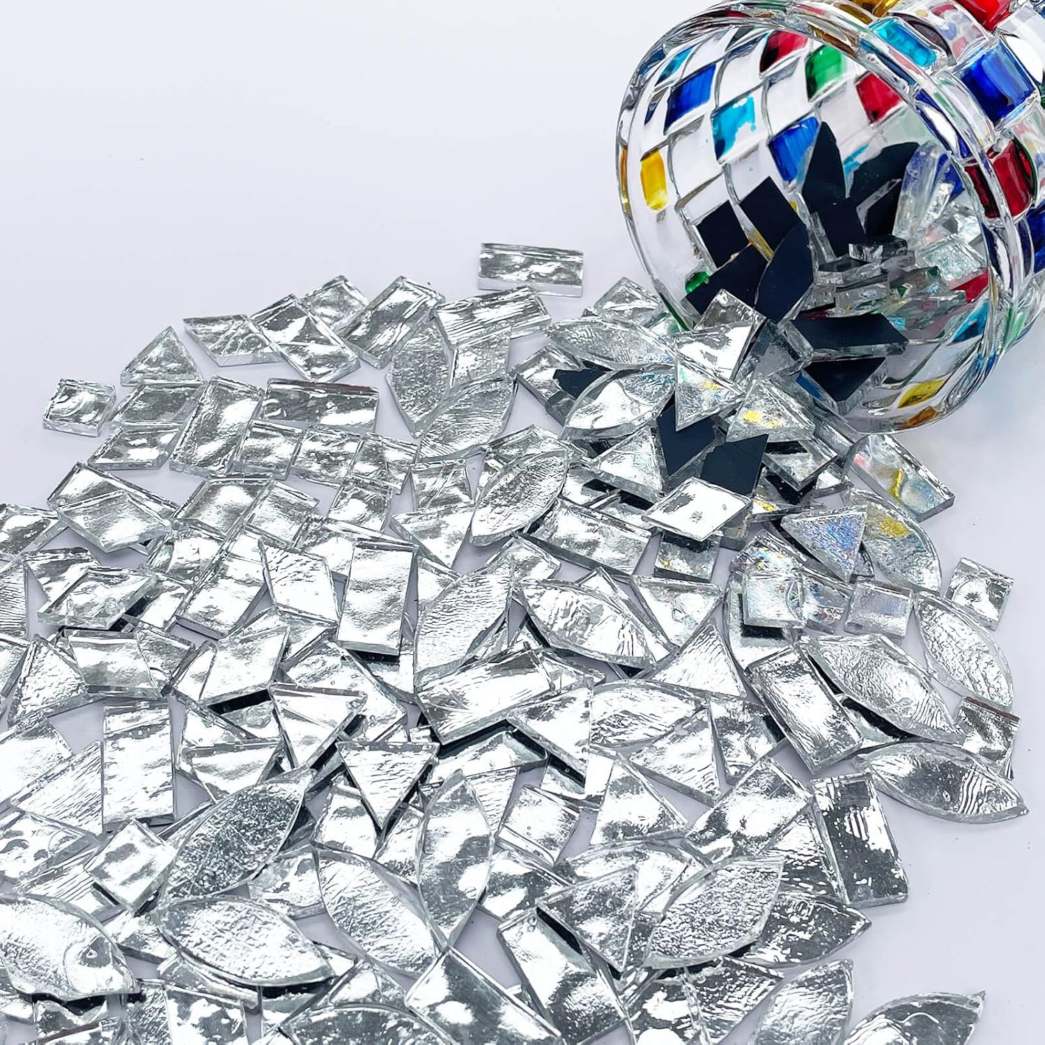 LITMIND Silver Stained Glass Mirror Mosaic Tiles with Black Backing - 240 Pieces in 5 Shapes (Rectangle, Triangle, Rhombus, Square, Leaf) Mixed Sizes for Crafts, Mosaic Projects & Home Décor - Image 3