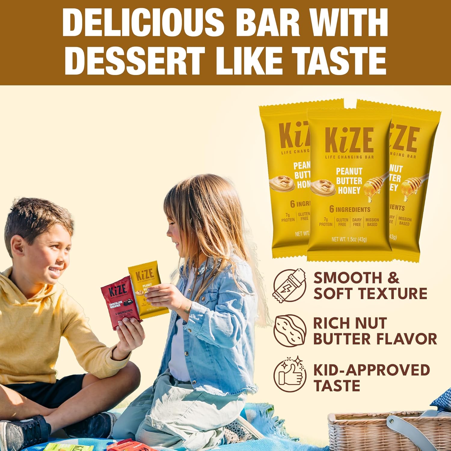 KiZE Energy Bars - Peanut Butter Honey - 30-Count - Gluten Free, Dairy Free, Non-GMO, and High Protein Meal Replacement Energy Bars, Clean and Simple Food Ingredients - 7g High Protein Snacks (30 Count)