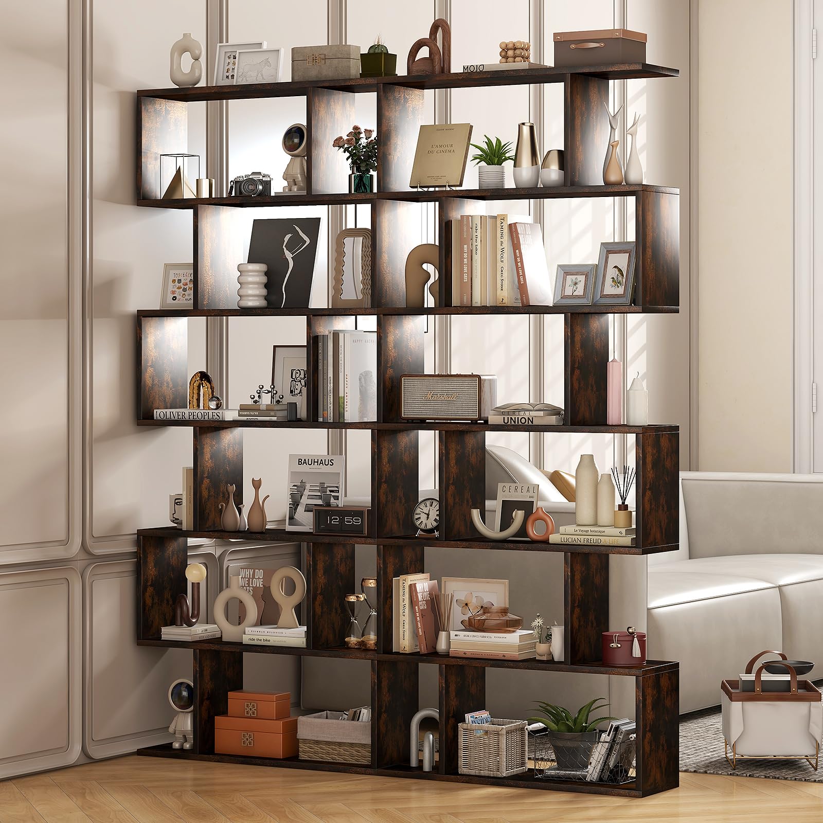 6 tier geometric bookcase, s shaped bookshelf, book shelf room divider, wood freestanding display shelves, 75 inch staggered bookshelf for bedroom living room (2, rustic brown)