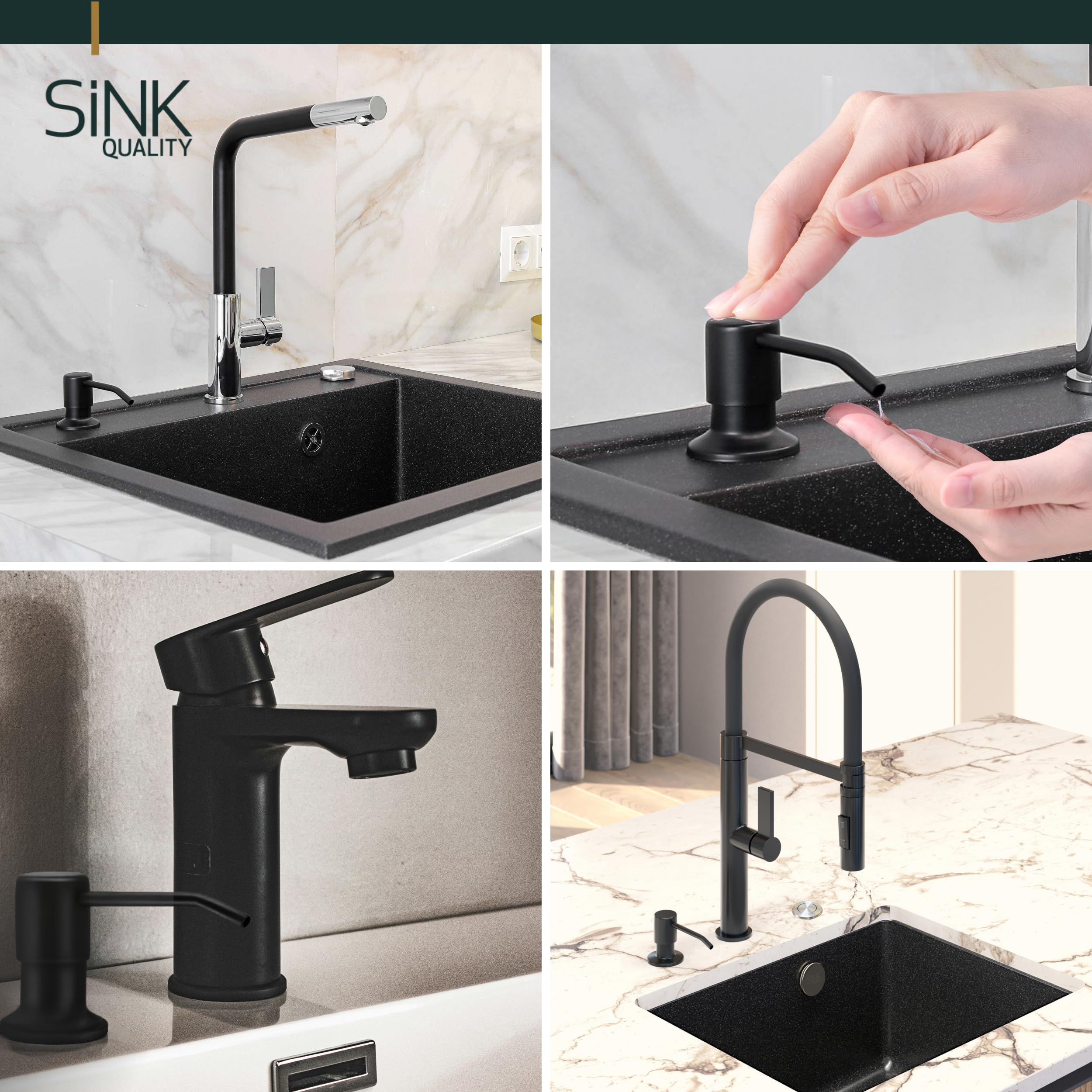 Sink Quality Distributeur de savon encastré en cuivre – 320 ml en PVC robuste – Distributeur de liquide vaisselle encastré pour évier, inoxydable – Rechargeable par le haut – Pompe rotative à 360°