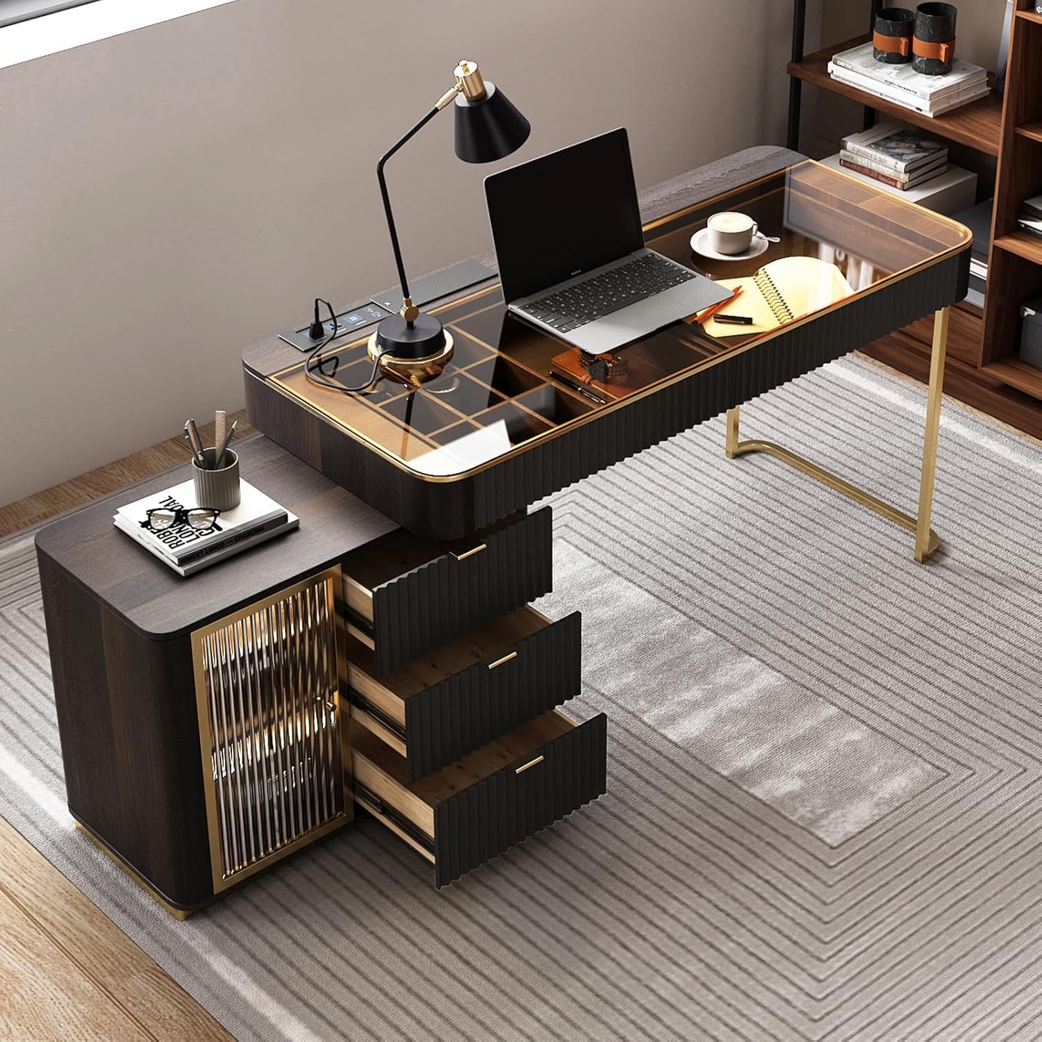 Lartis Scrivania da ufficio, molto facile da montare, scrivania per computer, scrivania telescopica per casa, moderna scrivania per computer con armadio retrattile luci LED integrate (nero marrone