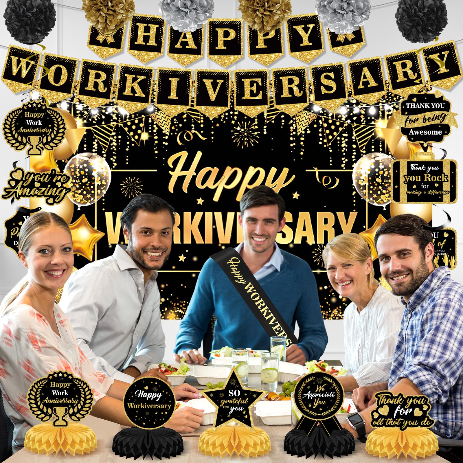 Happy Anniversary Deko-Set – Schwarz-Gold, Mit Banner, Hintergrund, Pompons & Wirbeln