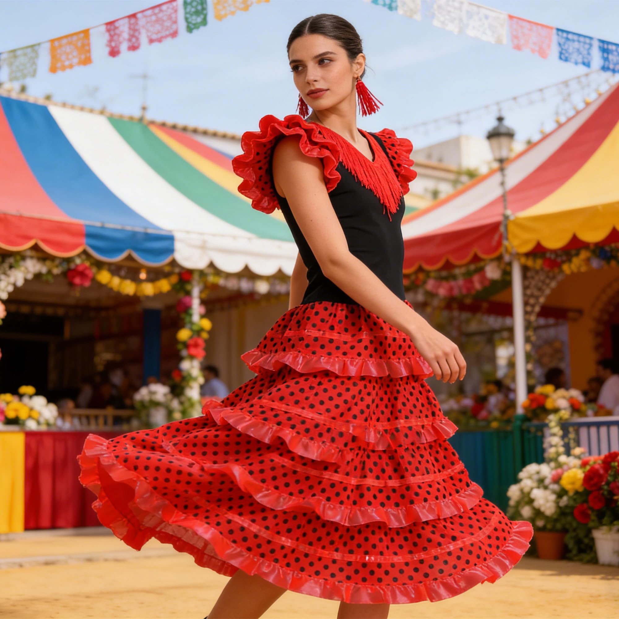 Wildarms Vestido Flamenca Mujer Disfraz Sevillana Traje Andaluz Cordobés con Volantes para Feria de Abril Sevilla Baile Flam - variaciones