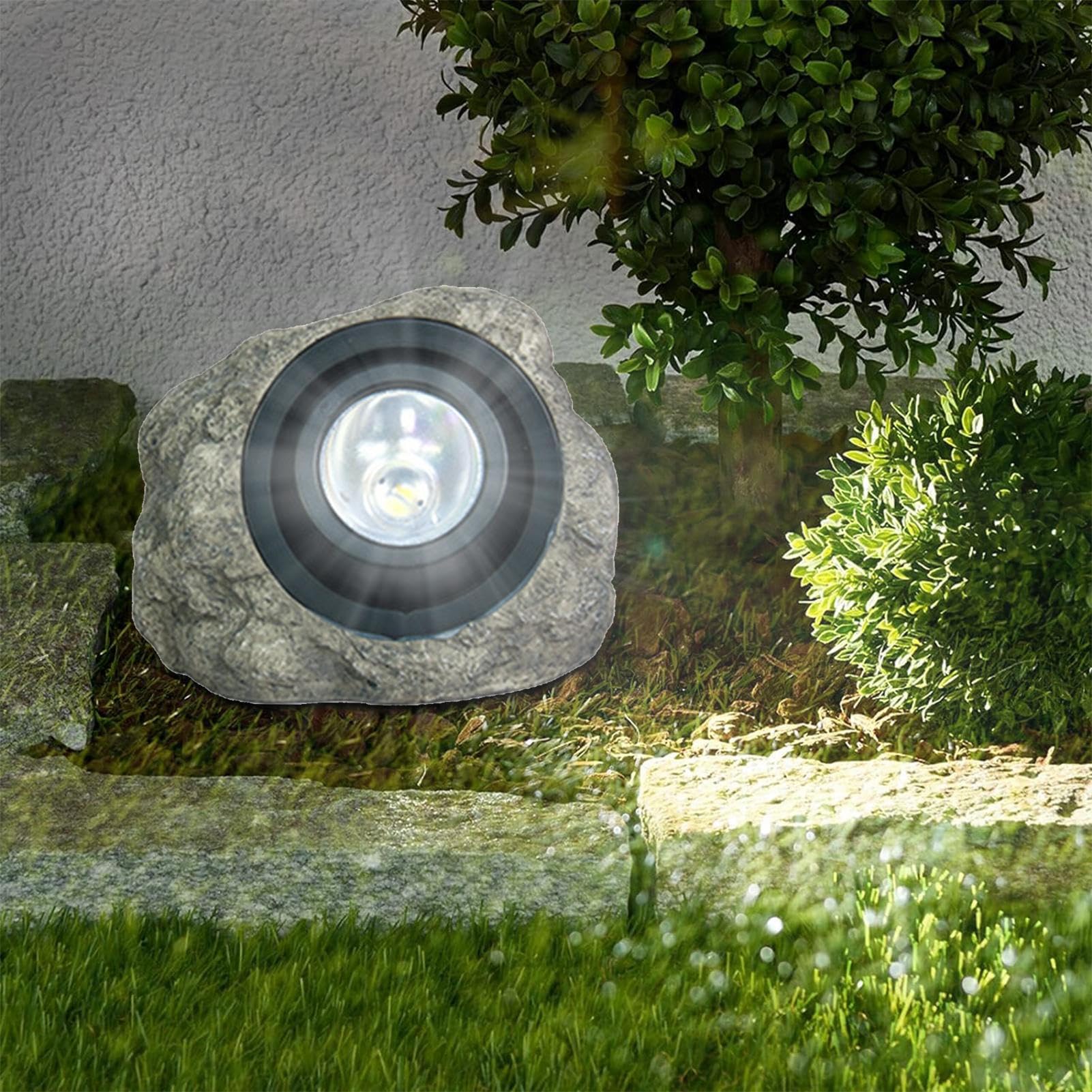 Spot solaire – Lampe solaire décorative de jardin | Spot lumineux | Spot en imitation pierre | Lampe en pierre synthétique adaptée pour l'extérieur éclairage de cour, terrasse, éclairage