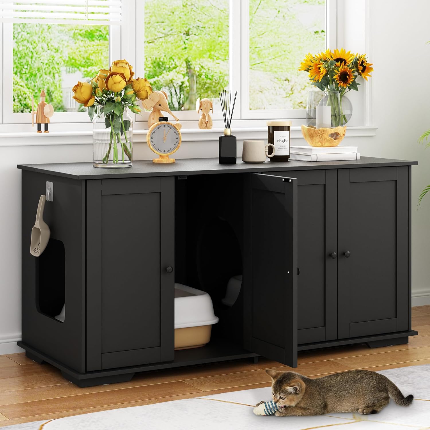 MOOLIVE Cat Litter Box Enclosures, 47.2" Double Hidden Litter Box Furniture Cabinet with 4 Doors and Divider, Large Cat Washroom for 2 Cats, Black