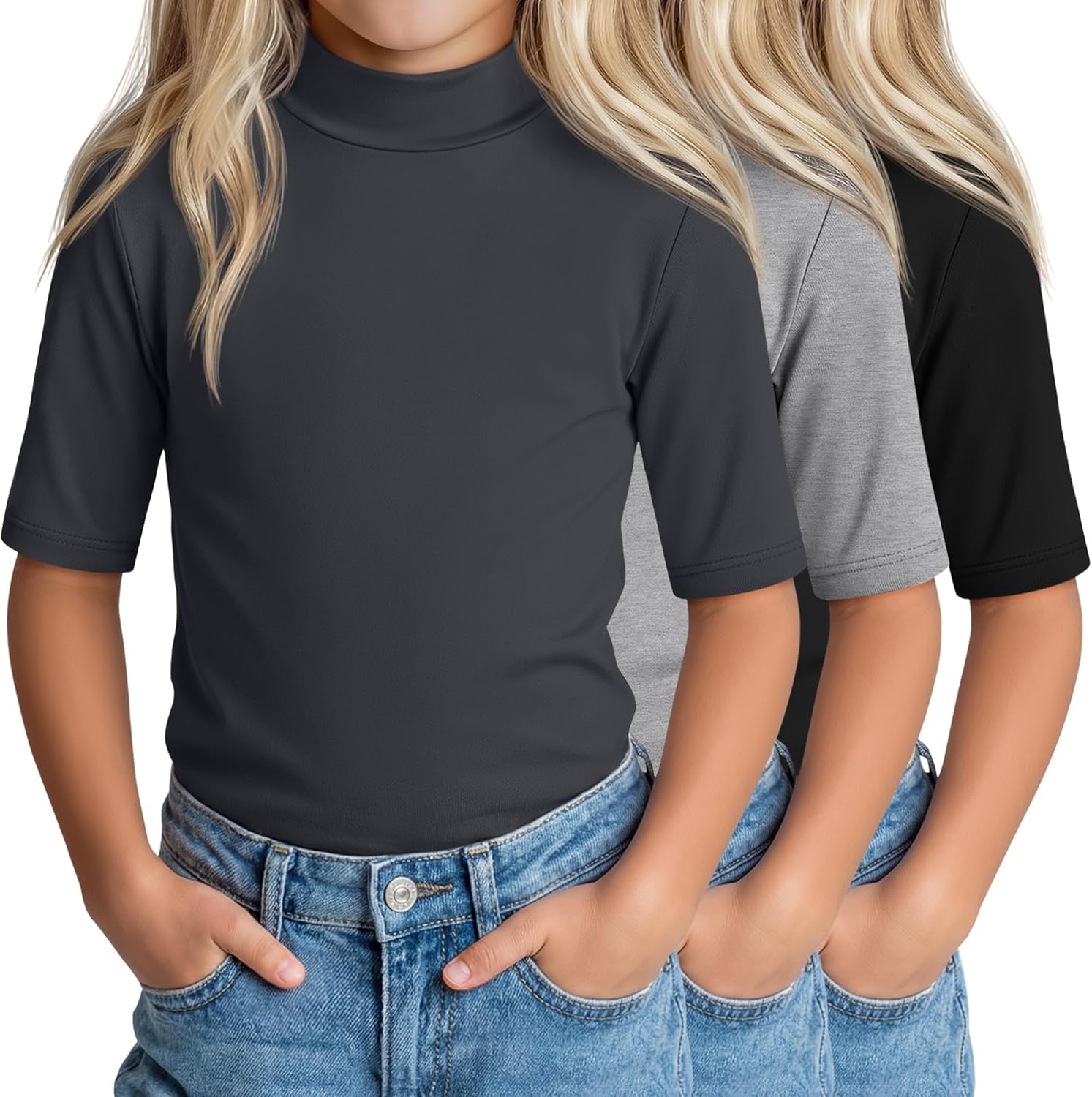 LessonZoo 3 Pack Girls' 1/2 Sleeve Mock Turtleneck Shirts Summer Elbow Length Tops Kids Half Sleeve Basic Tees Teen Shirts