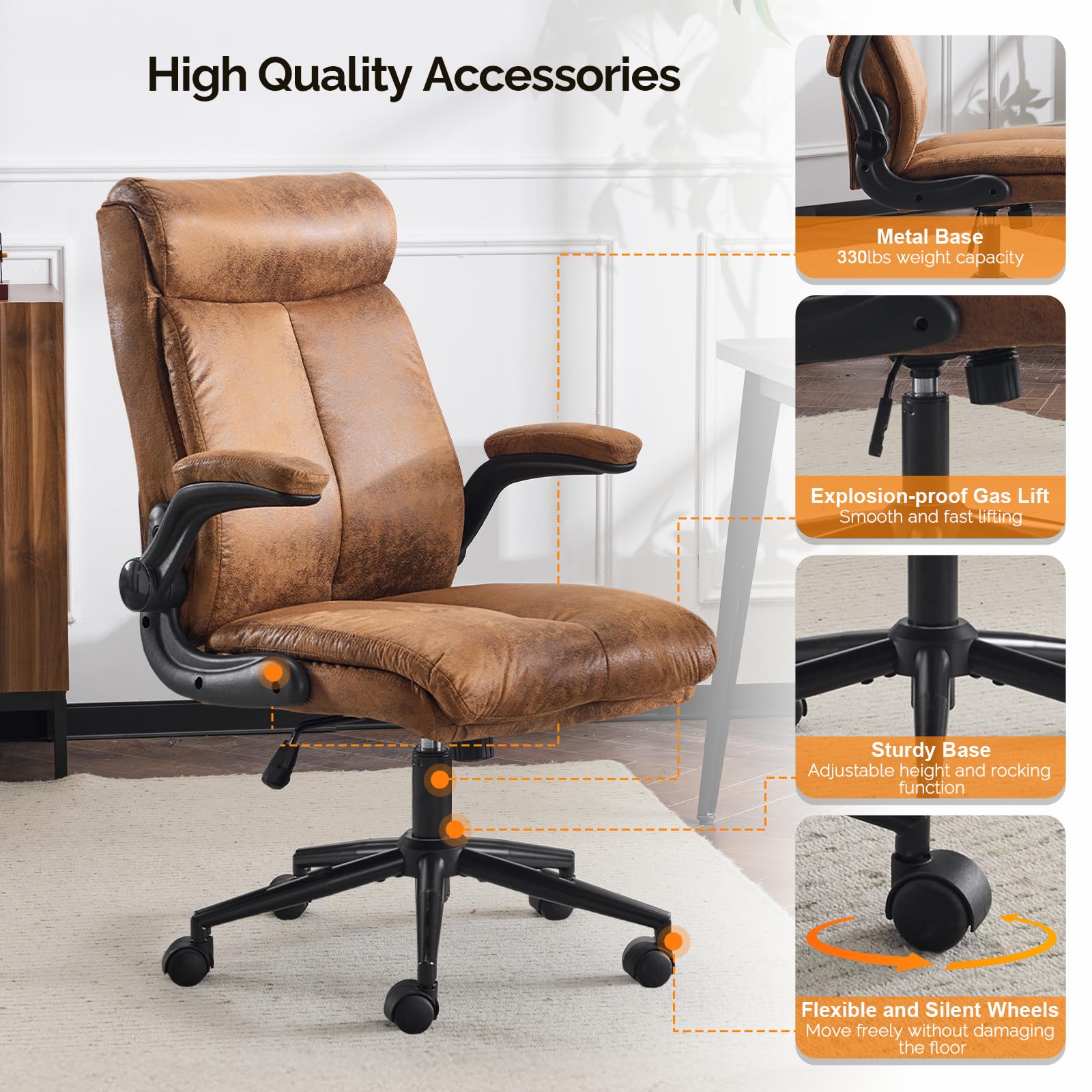 Bonnlo Ergonomischer Bürostuhl, Schreibtischstuhl mit hochklappbarer Armlehne, Computerstuhl, Drehstuhl, Wippfunktion 105°-120°, Höhenverstellbar, Drehbar, 150KG Belastbarkeit (Mikrofaser, Braun)
