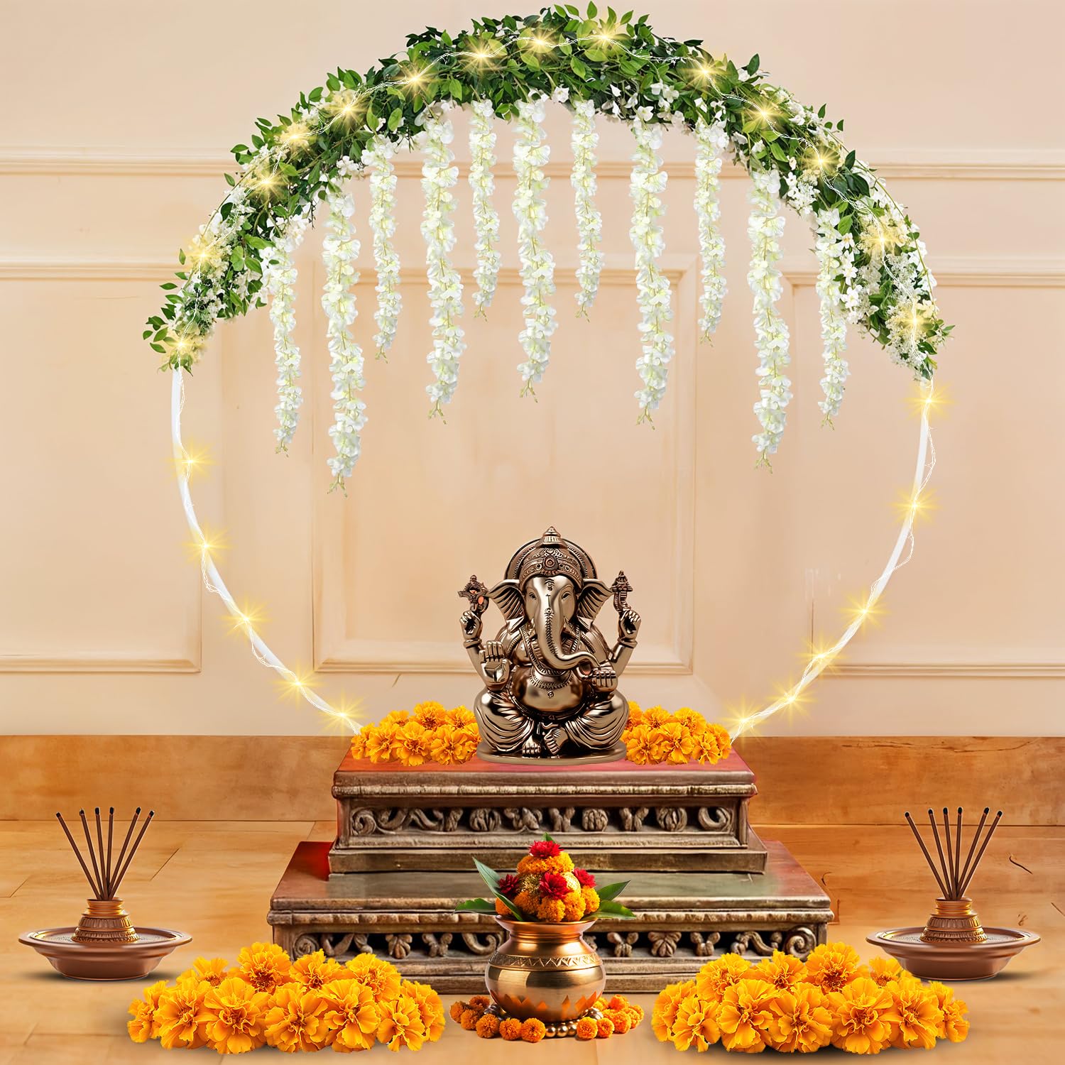Party Propz Circular Pooja Backdrop Stand for Decoration - 5Pcs Puja Backdrop Decorations Set with Artificial Ivory Wisteria Flowers and Rice Light, Pooja Room Decoration Items-image-9