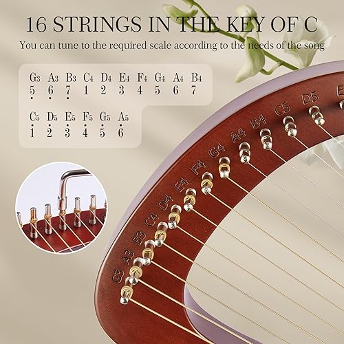 Miniatura 5 de Arpa de lira, kit de arpa de Lyra de caoba de 16 cuerdas, instrumentos musicales de cuerda con llave de afinación, bolsa de instrucciones (idioma