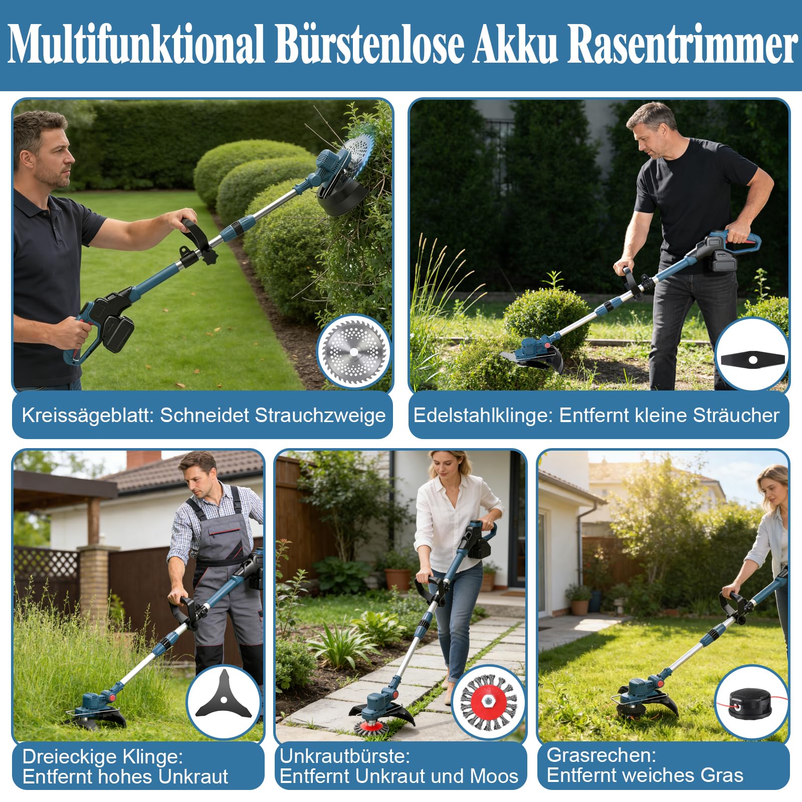 Rasentrimmer mit Akku, Akku Rasentrimmer für Makita-Akkus mit 5 Klingentypen und 2X4.0Ah Akku, 21V Bürstenlose Rasentrimmer mit Unkrautbürste, 5 in 1 Akku Freischneider für Garden Trimmen, Blau