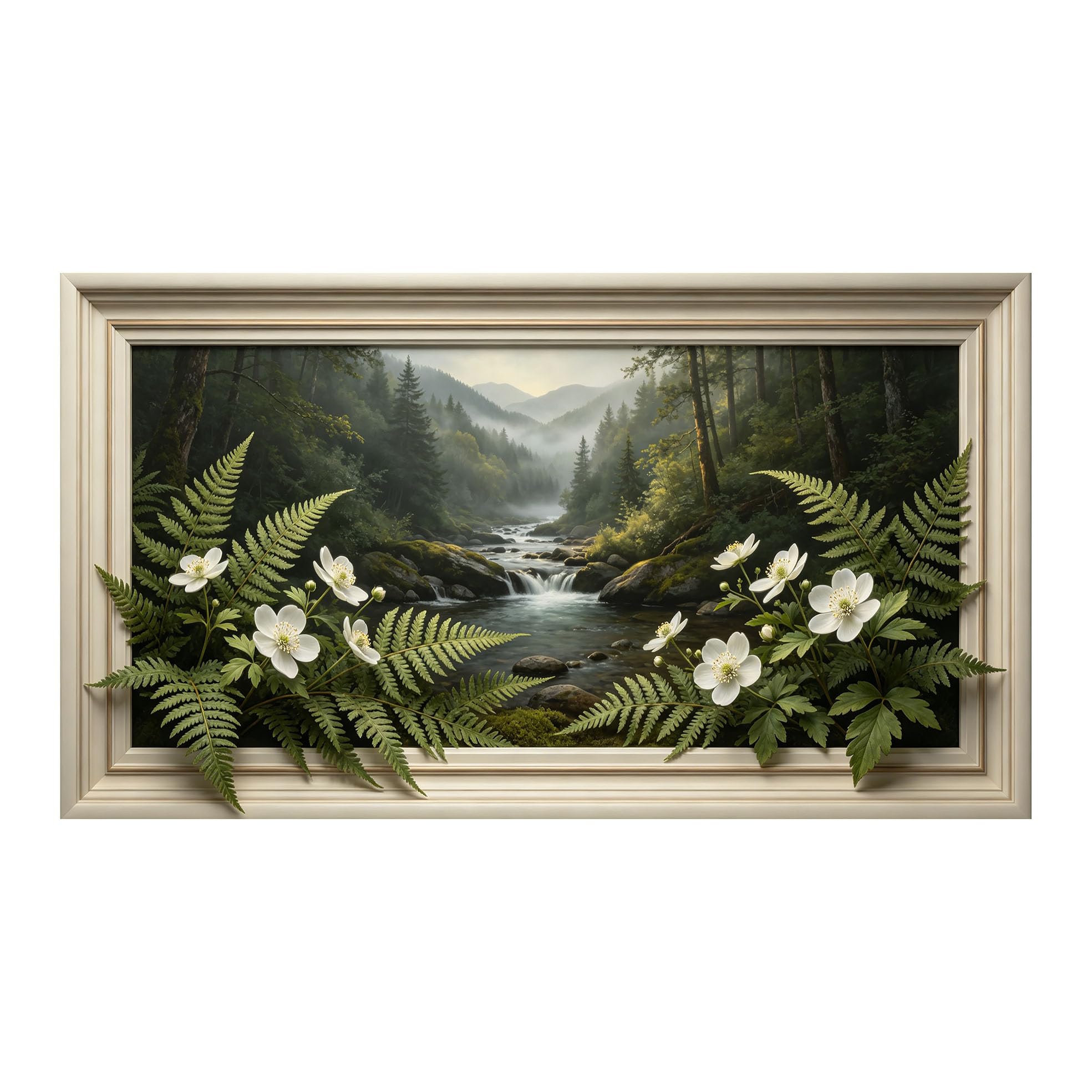 Yzpallescene 3D Framed Wall Art 50cm×100cm Misty Mountain Waterfall Botanical Fern Flower Panoramic View Large Size SelfAdhesive Removable Wall Decor Prints Artwork for Living Room Bedroom Office