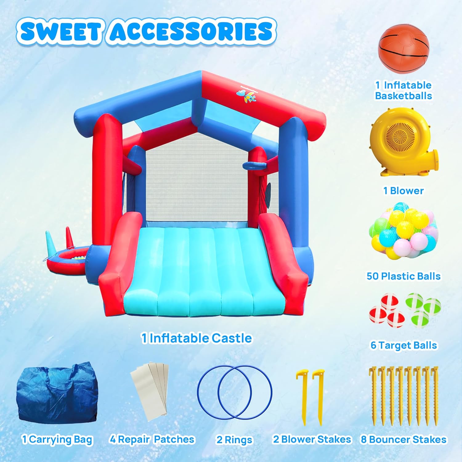 Bounce House, Inflatable Bouncy Castle with Blower for 4 Kids, 143 x 142 x 99 inch, 7 in 1 Jumping Bouncer with Slide, Ball Pit, Basketball