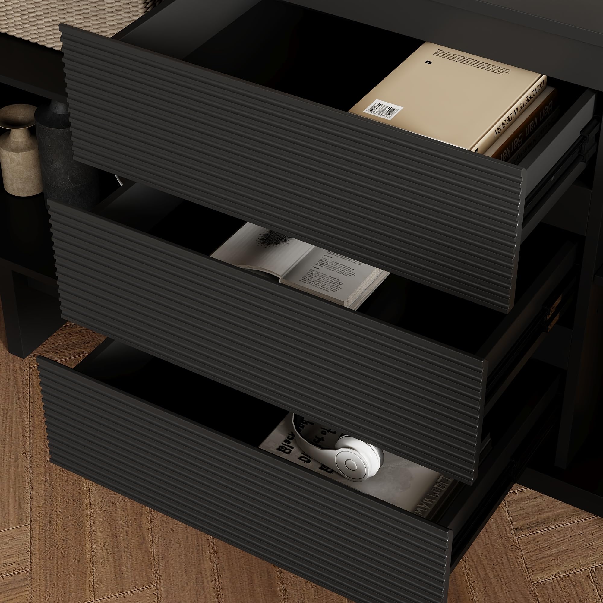 Elegante aparador negro – 160 x 40 x 80 cm – Cómoda con 3 cajones y 2 puertas – Diseño moderno para salón, comedor o pasillo – Elegante espacio de almacenamiento con carácter
