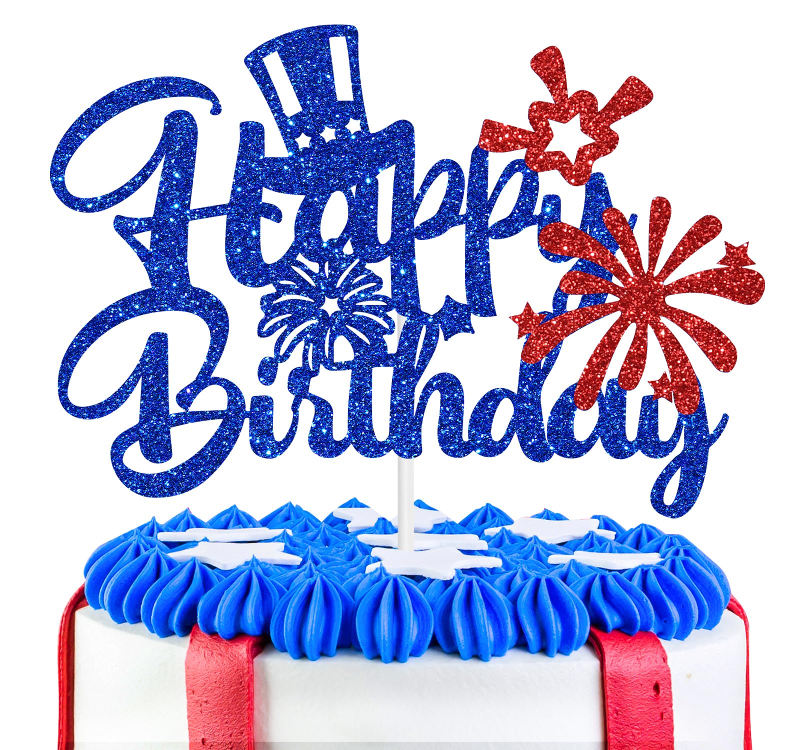 4. Juli Geburtstagstorten-Deko – Patriotischer Kuchentopper Mit "Happy Birthday", Rot-blaue Glitzerdekoration Für Geburtstagspartys